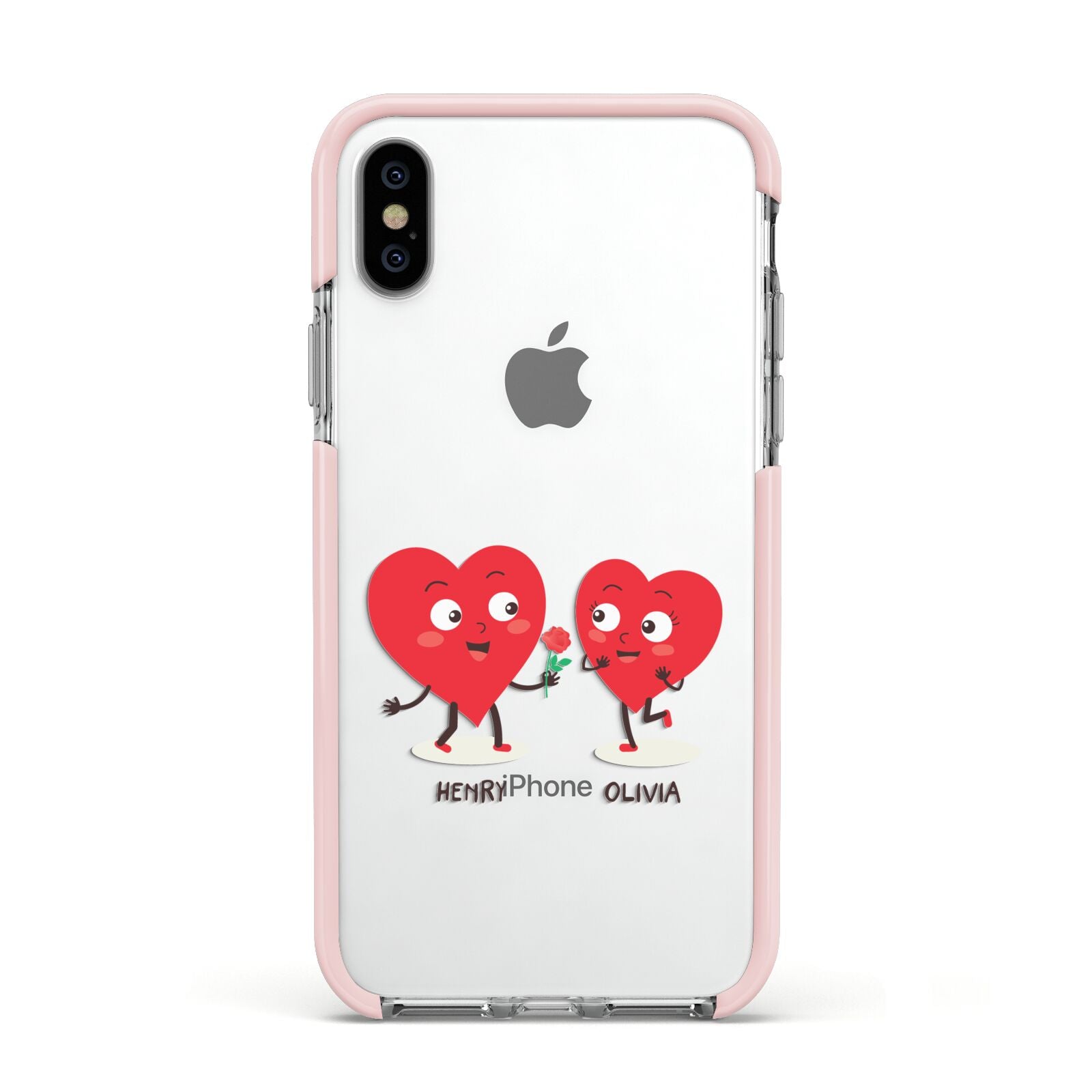 Love Heart Couples Custom Apple iPhone Xs Impact Case Pink Edge on Silver Phone