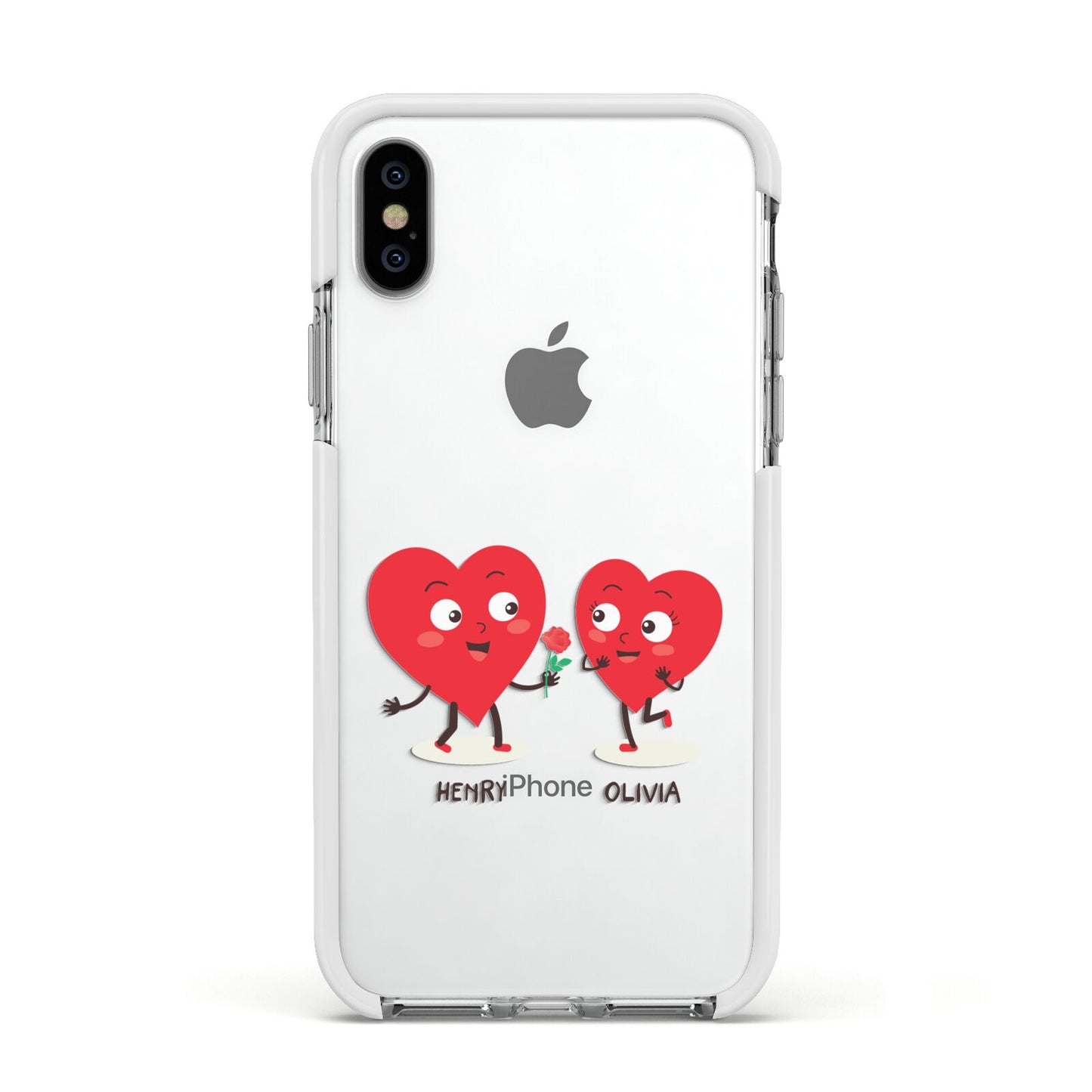 Love Heart Couples Custom Apple iPhone Xs Impact Case White Edge on Silver Phone