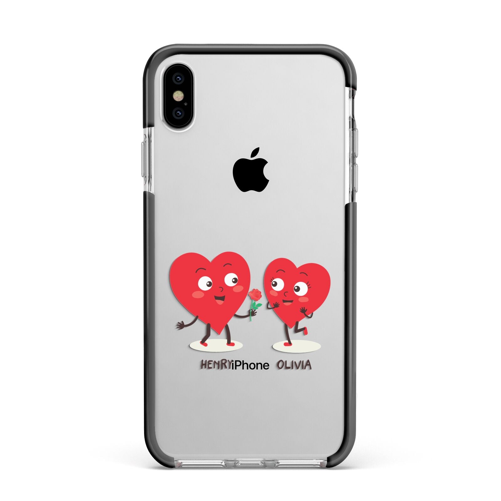 Love Heart Couples Custom Apple iPhone Xs Max Impact Case Black Edge on Silver Phone