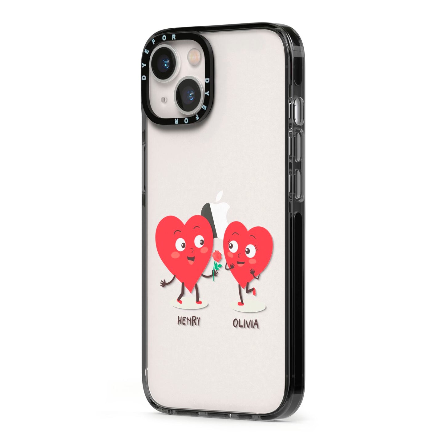 Love Heart Couples Custom iPhone 13 Black Impact Case Side Angle on Silver phone