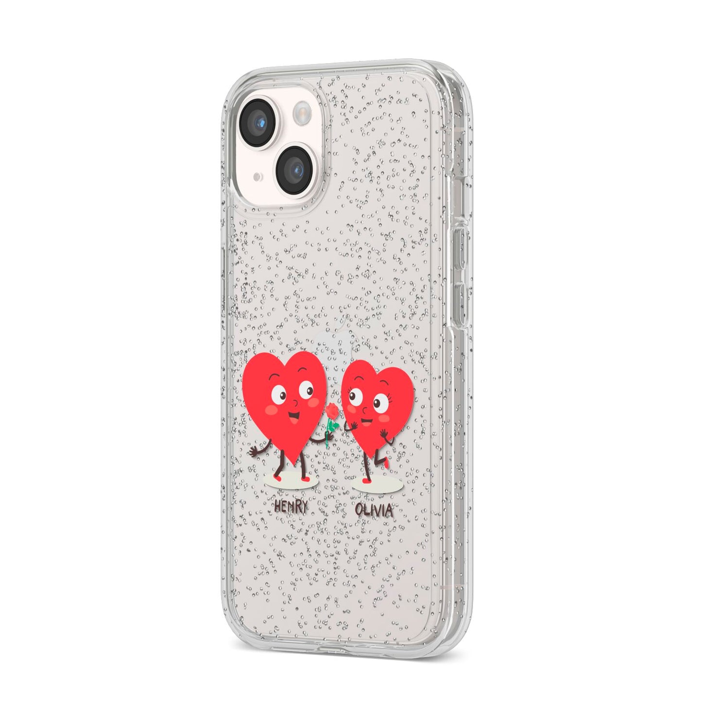 Love Heart Couples Custom iPhone 14 Glitter Tough Case Starlight Angled Image
