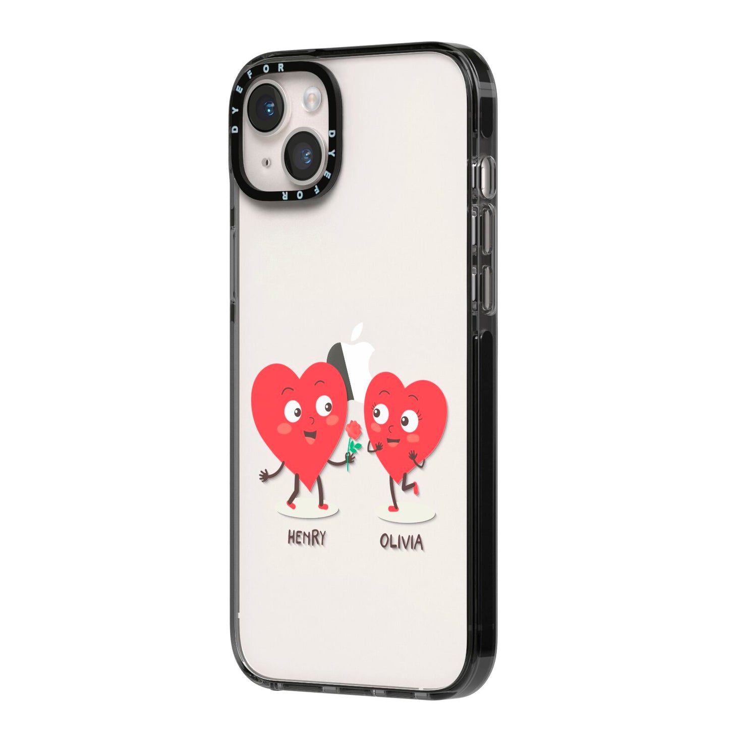 Love Heart Couples Custom iPhone 14 Plus Black Impact Case Side Angle on Silver phone