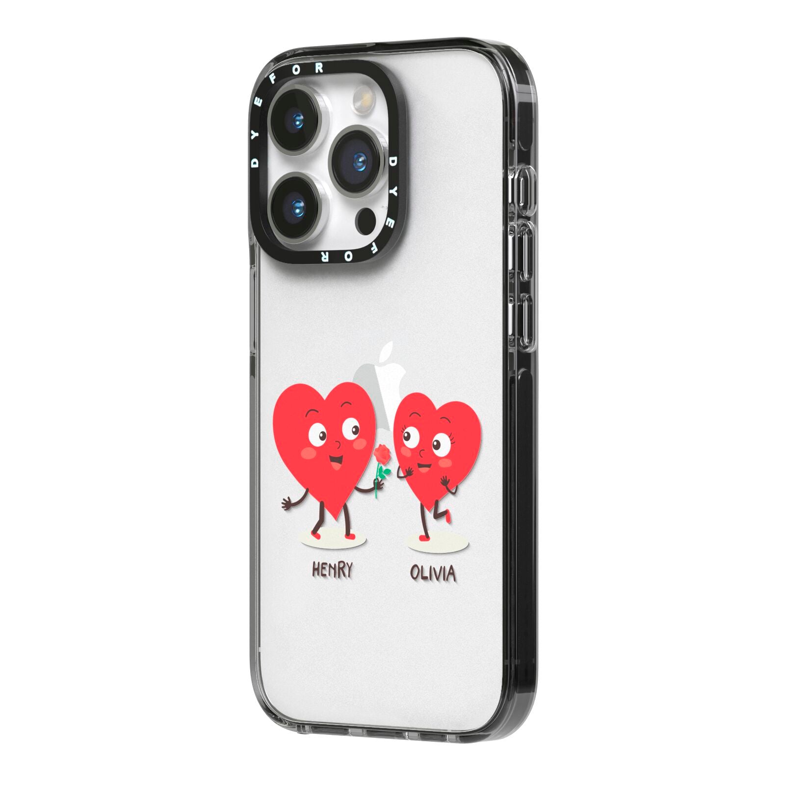 Love Heart Couples Custom iPhone 14 Pro Black Impact Case Side Angle on Silver phone
