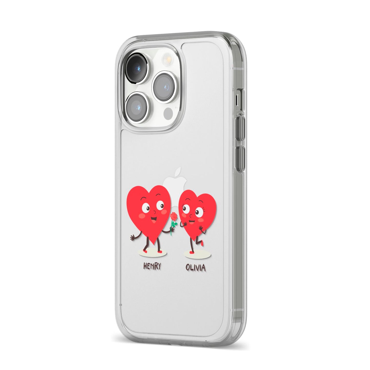 Love Heart Couples Custom iPhone 14 Pro Clear Tough Case Silver Angled Image