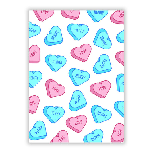 Love Heart Sweets with Names A5 Flat Greetings Card