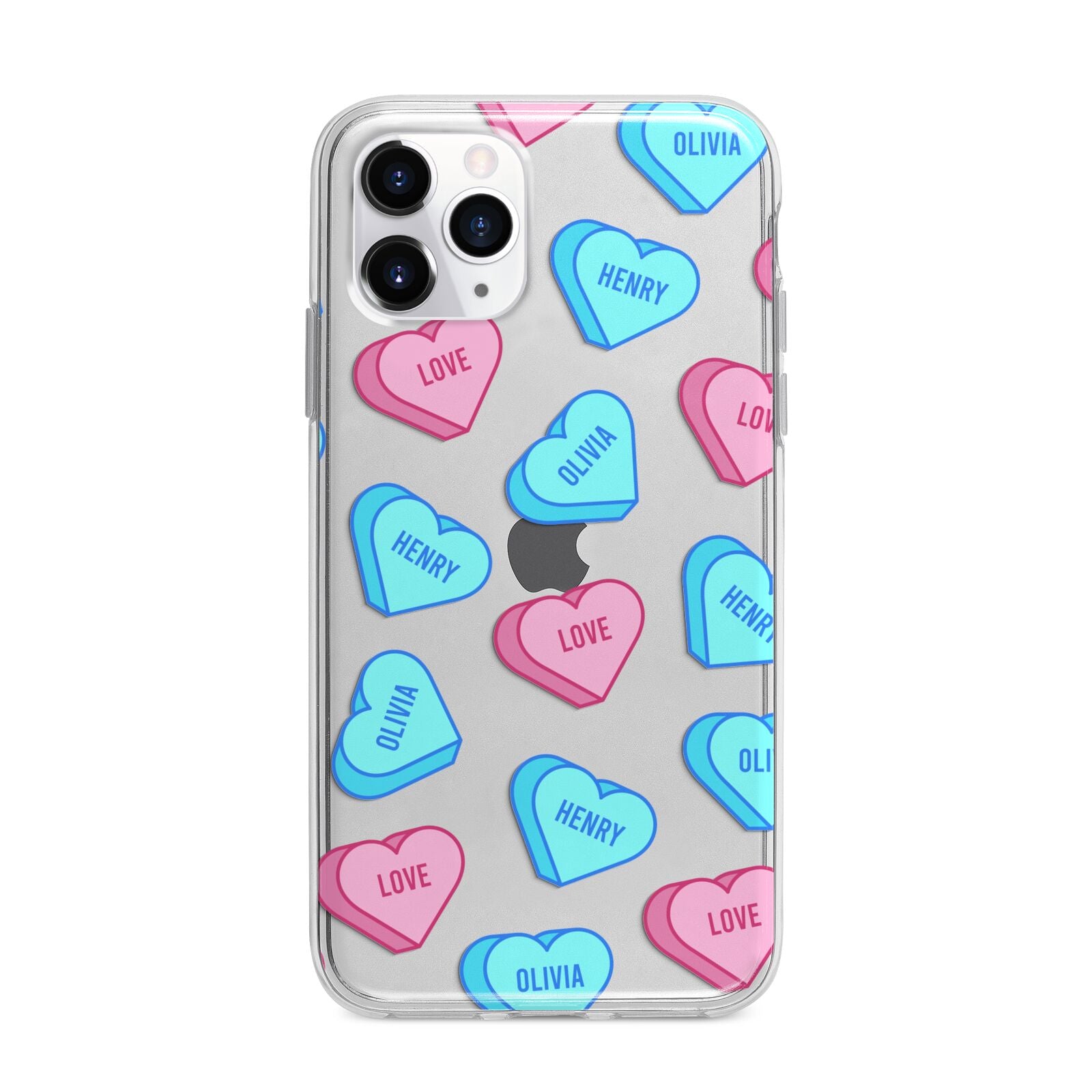 Love Heart Sweets with Names Apple iPhone 11 Pro Max in Silver with Bumper Case