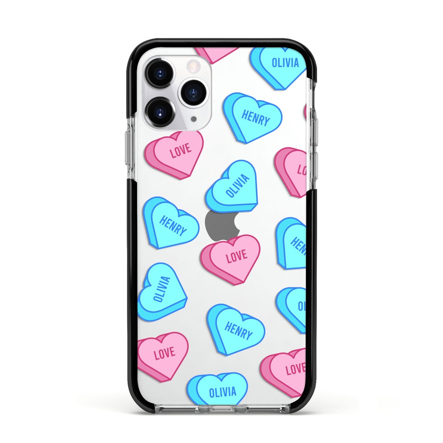 Love Heart Sweets with Names Apple iPhone 11 Pro in Silver with Black Impact Case