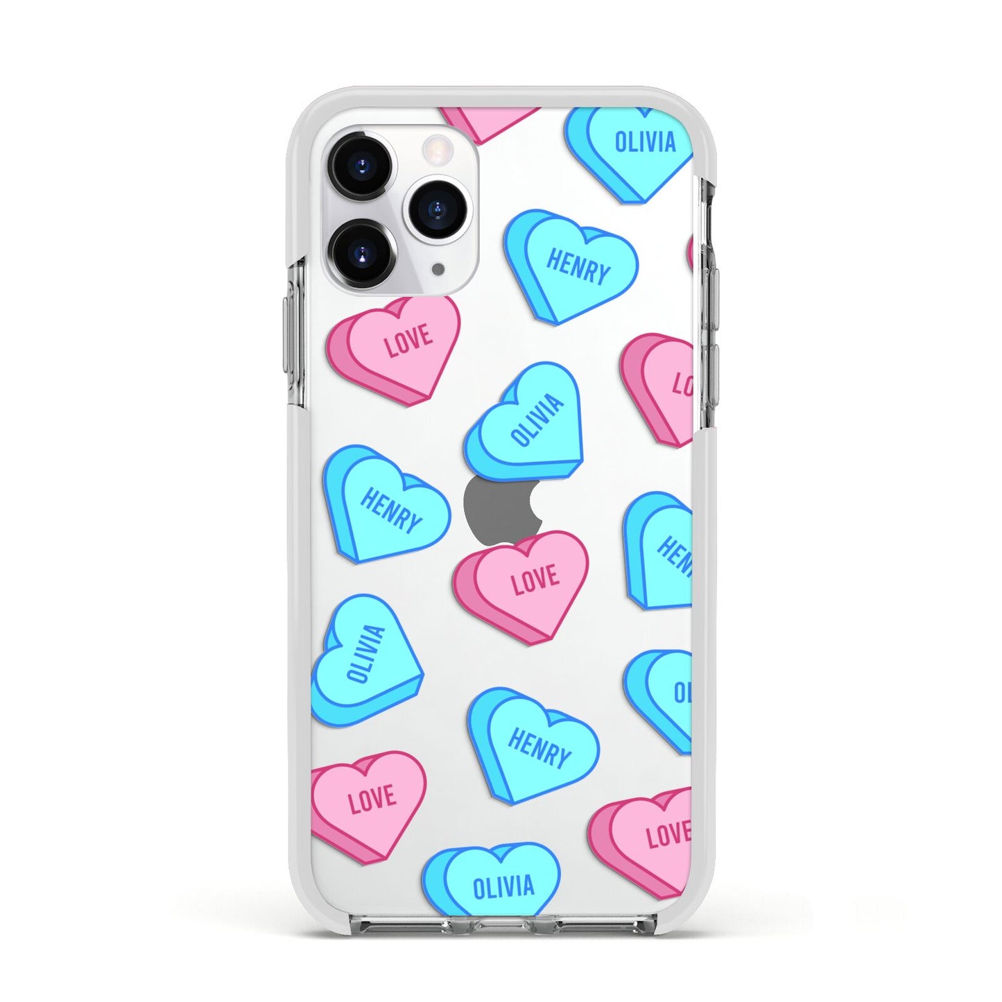 Love Heart Sweets with Names Apple iPhone 11 Pro in Silver with White Impact Case