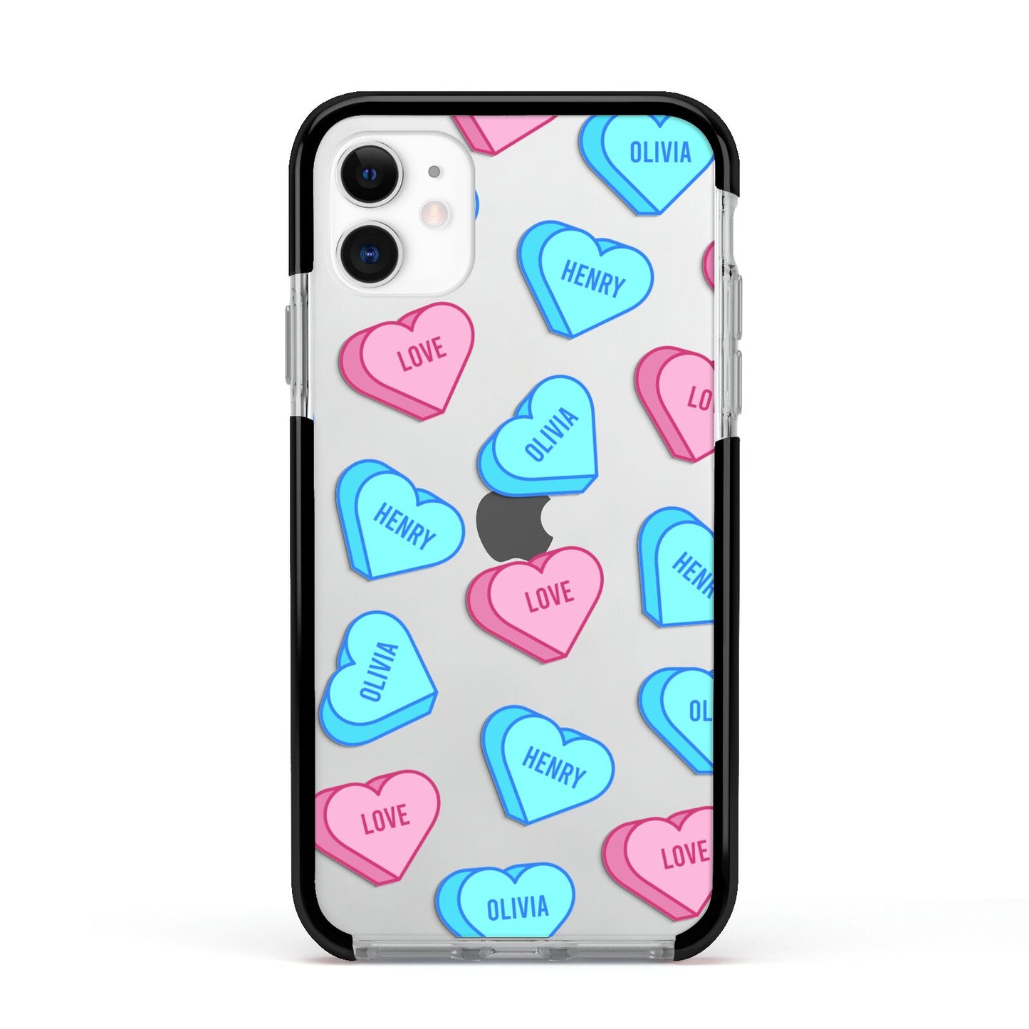 Love Heart Sweets with Names Apple iPhone 11 in White with Black Impact Case