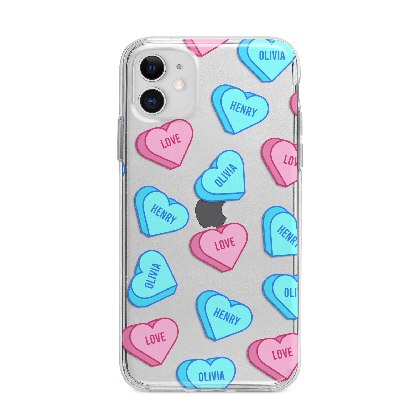 Love Heart Sweets with Names Apple iPhone 11 in White with Bumper Case