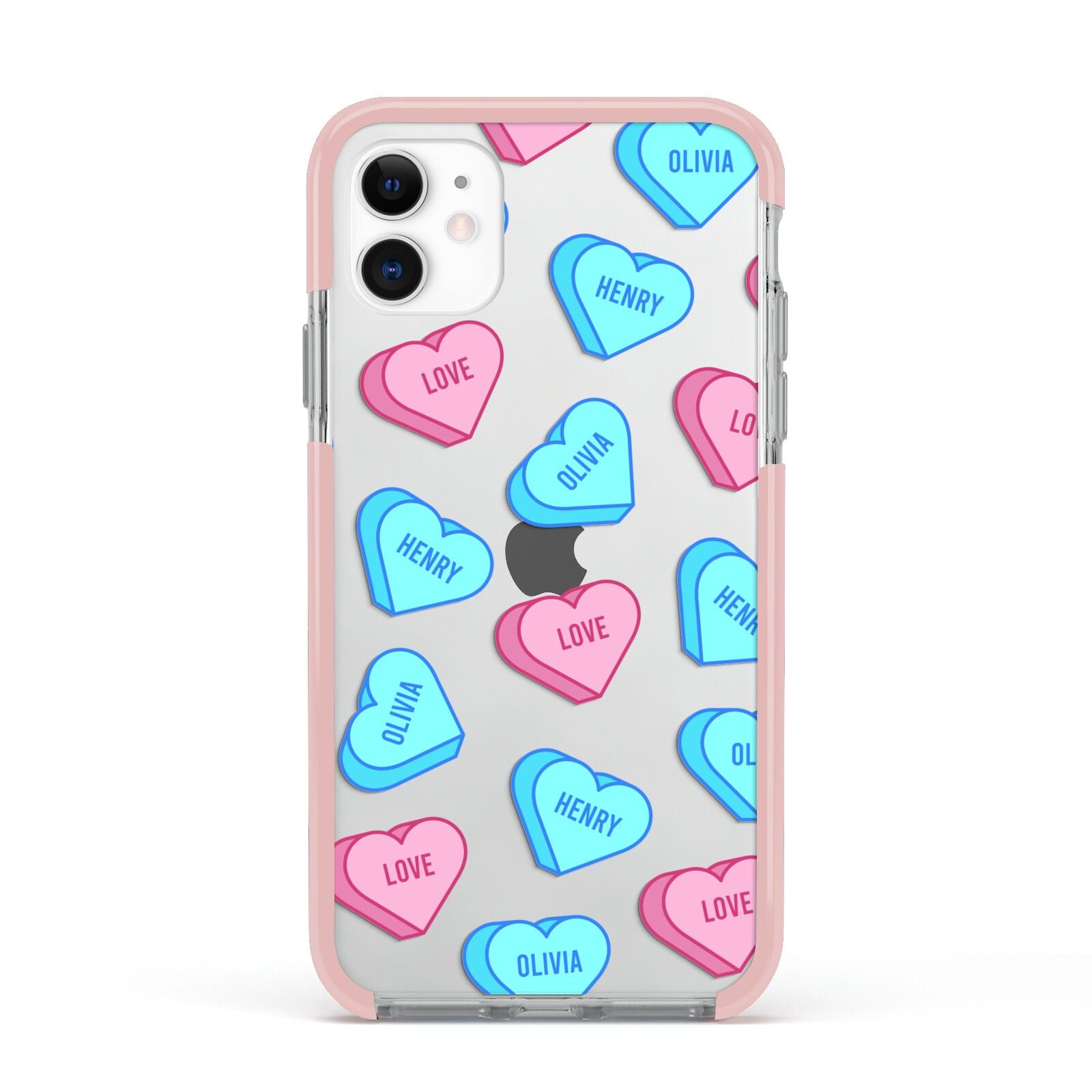 Love Heart Sweets with Names Apple iPhone 11 in White with Pink Impact Case