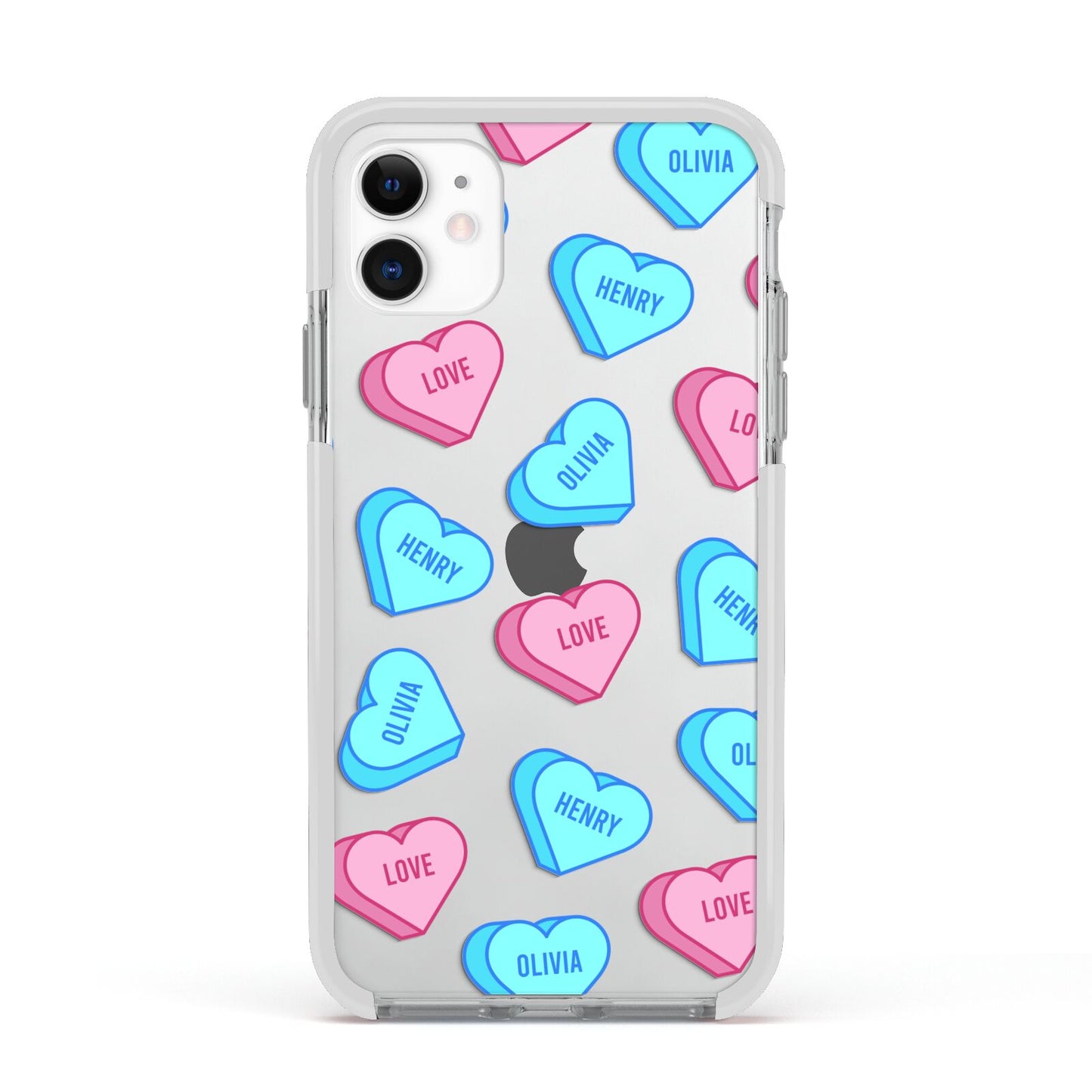 Love Heart Sweets with Names Apple iPhone 11 in White with White Impact Case