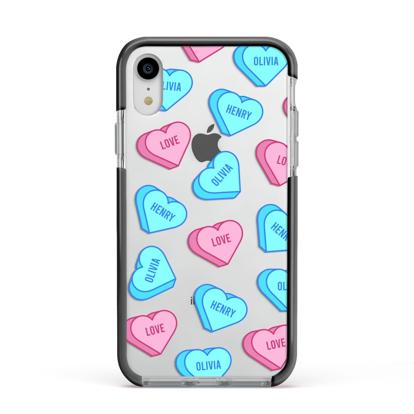 Love Heart Sweets with Names Apple iPhone XR Impact Case Black Edge on Silver Phone