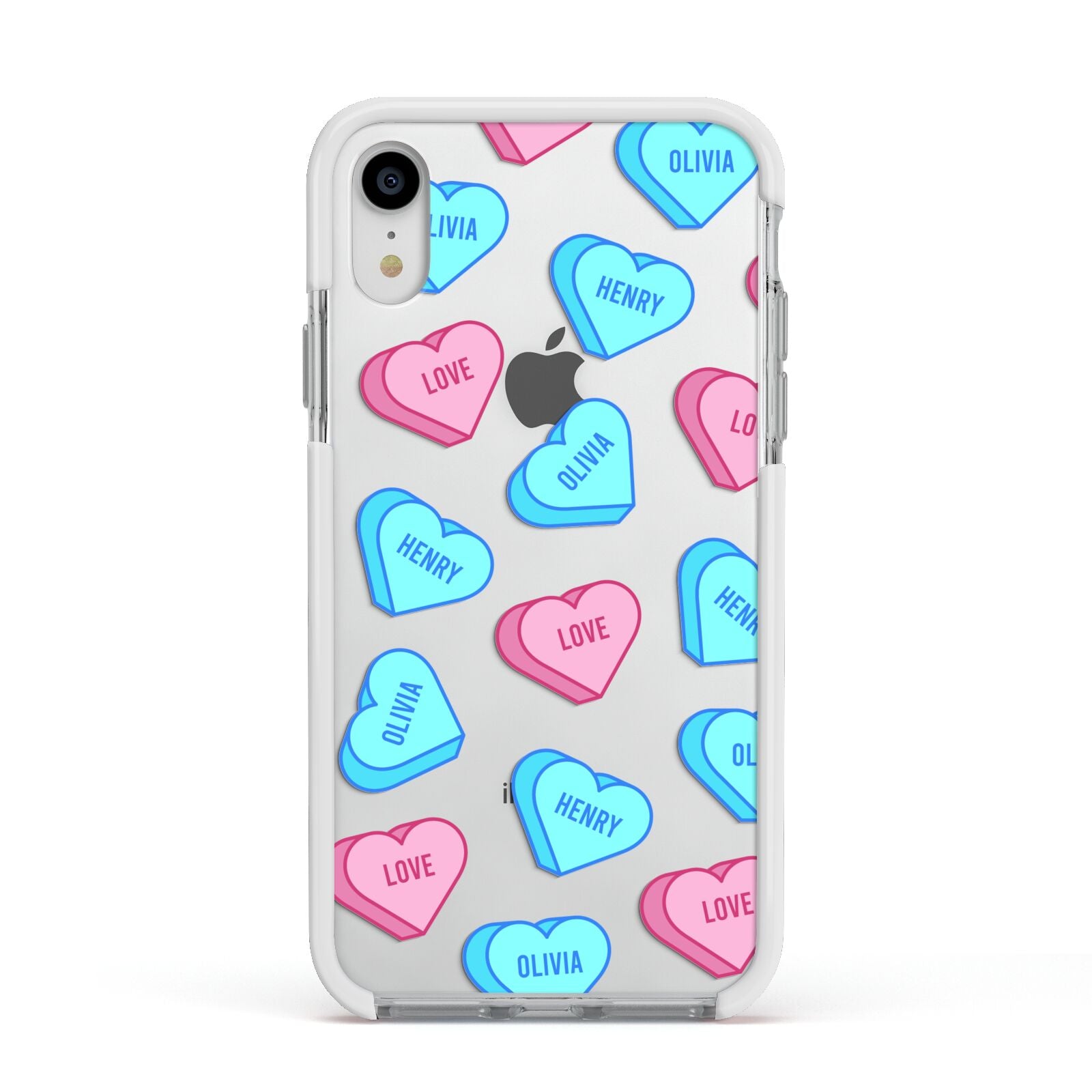 Love Heart Sweets with Names Apple iPhone XR Impact Case White Edge on Silver Phone