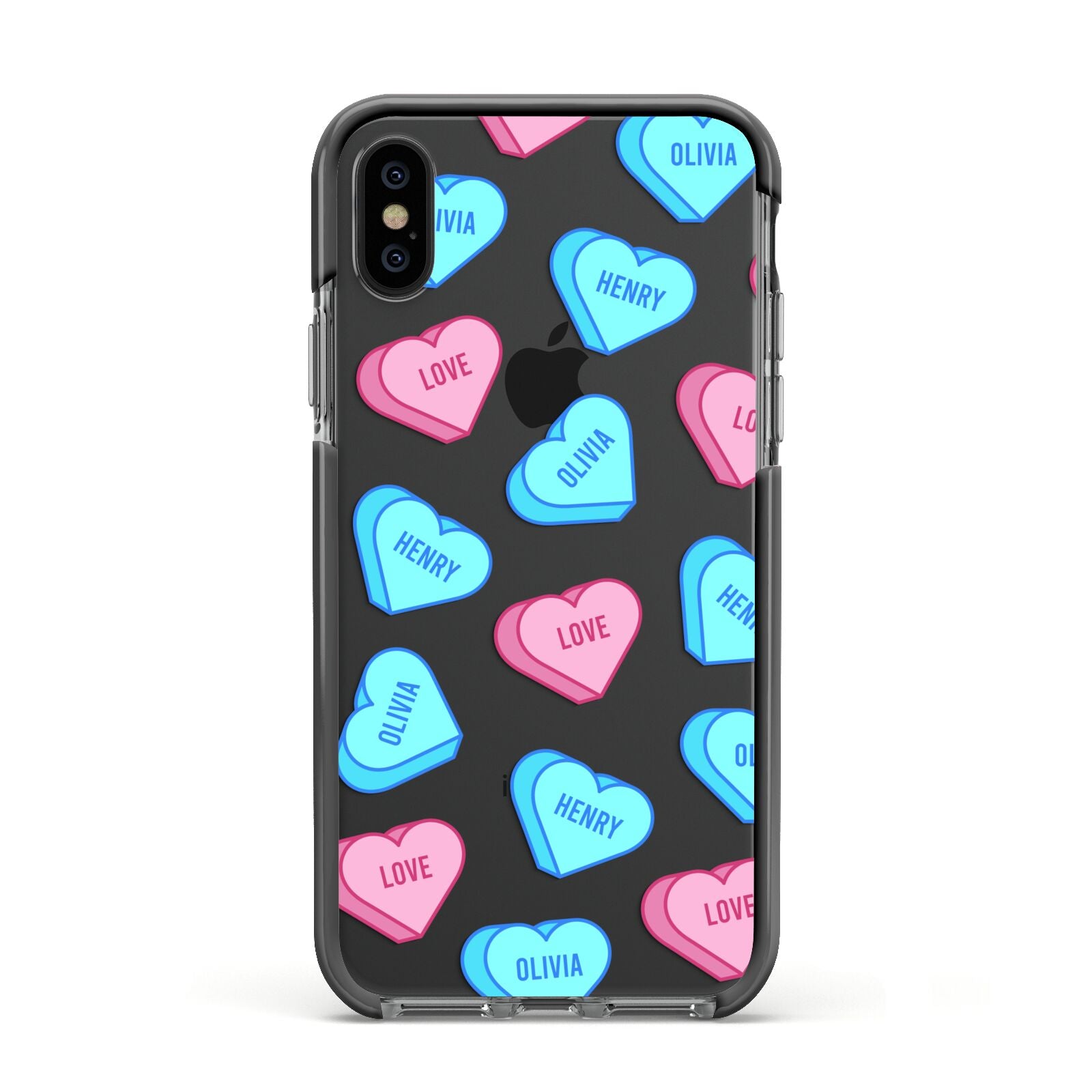 Love Heart Sweets with Names Apple iPhone Xs Impact Case Black Edge on Black Phone