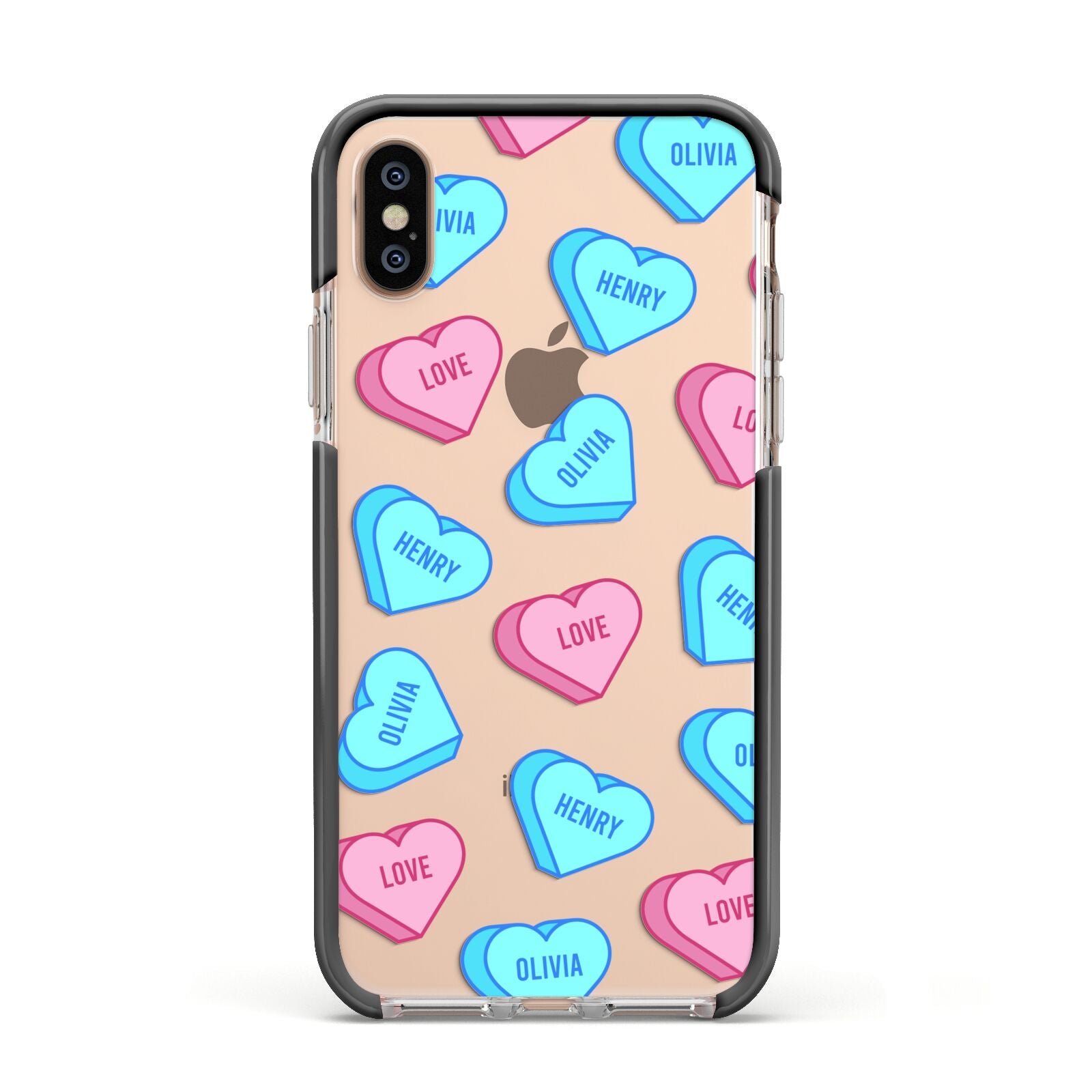 Love Heart Sweets with Names Apple iPhone Xs Impact Case Black Edge on Gold Phone