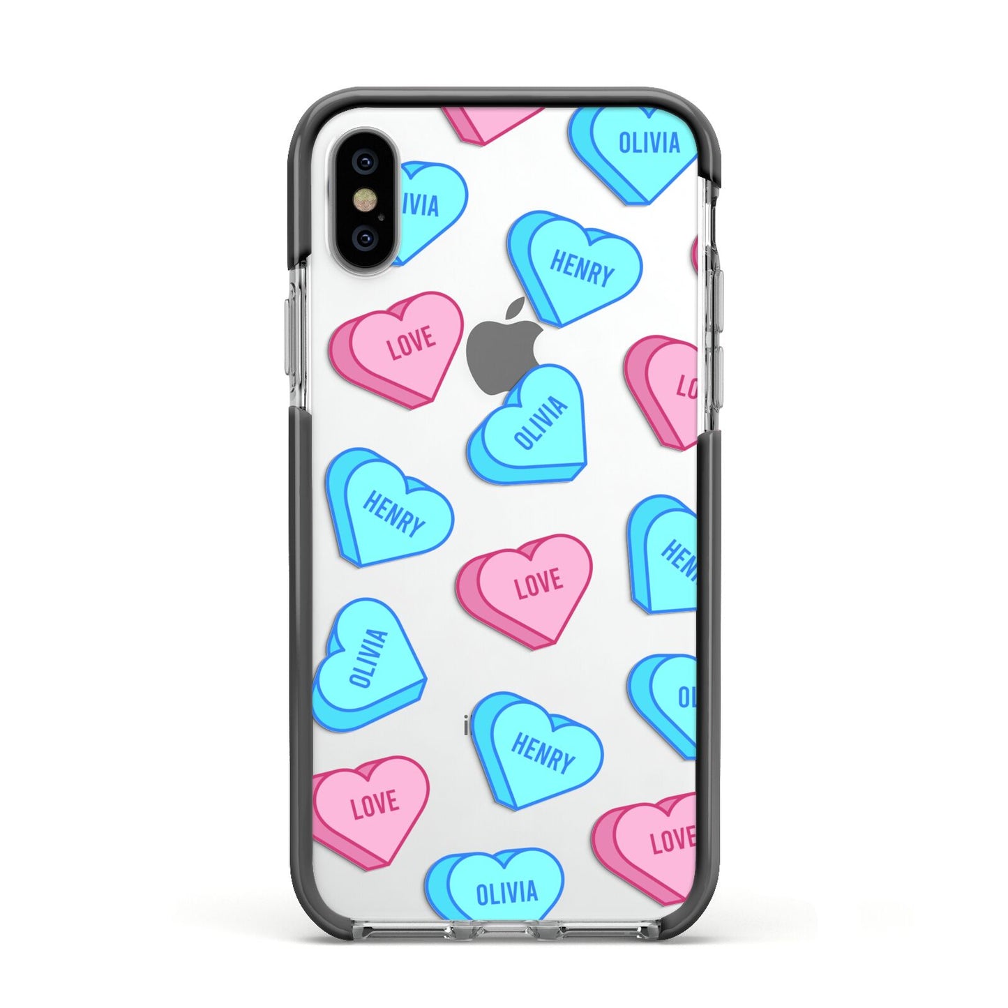 Love Heart Sweets with Names Apple iPhone Xs Impact Case Black Edge on Silver Phone