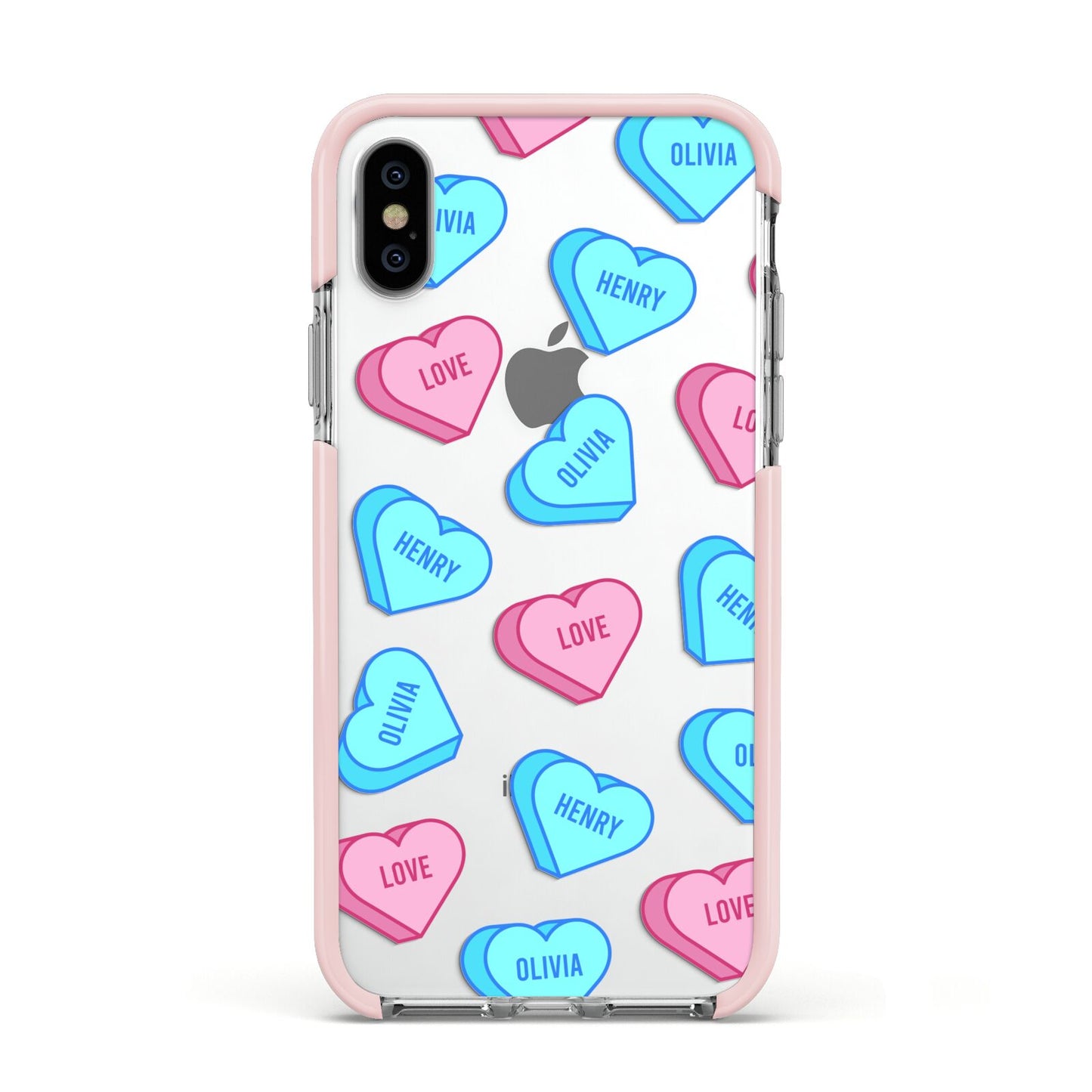 Love Heart Sweets with Names Apple iPhone Xs Impact Case Pink Edge on Silver Phone