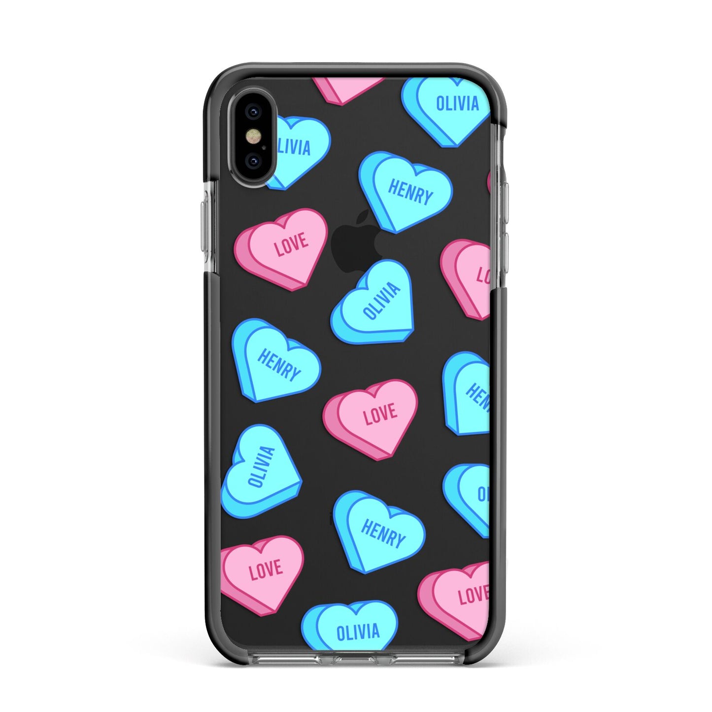 Love Heart Sweets with Names Apple iPhone Xs Max Impact Case Black Edge on Black Phone