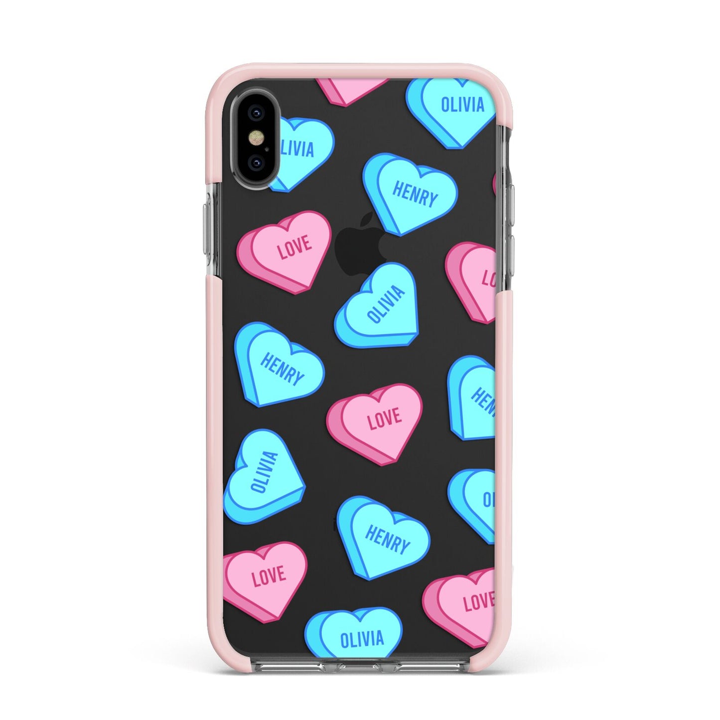Love Heart Sweets with Names Apple iPhone Xs Max Impact Case Pink Edge on Black Phone