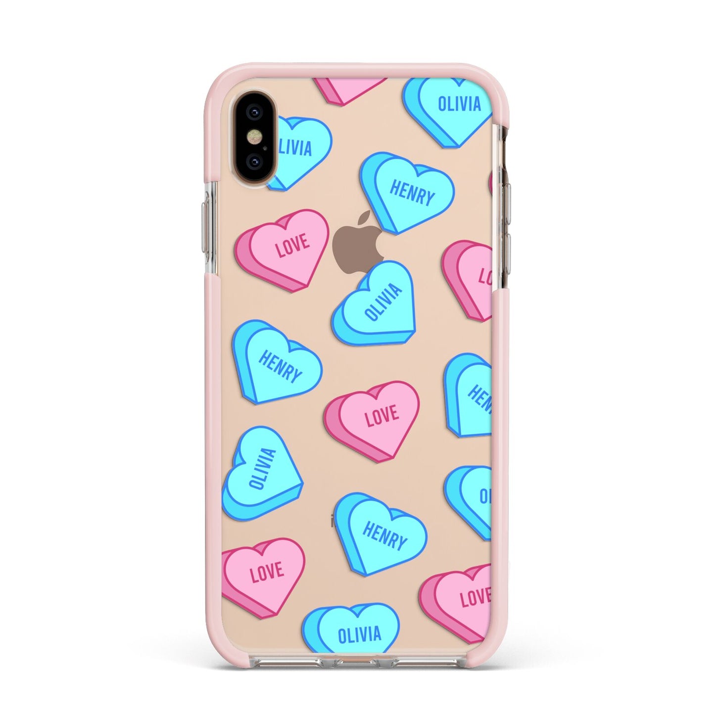 Love Heart Sweets with Names Apple iPhone Xs Max Impact Case Pink Edge on Gold Phone