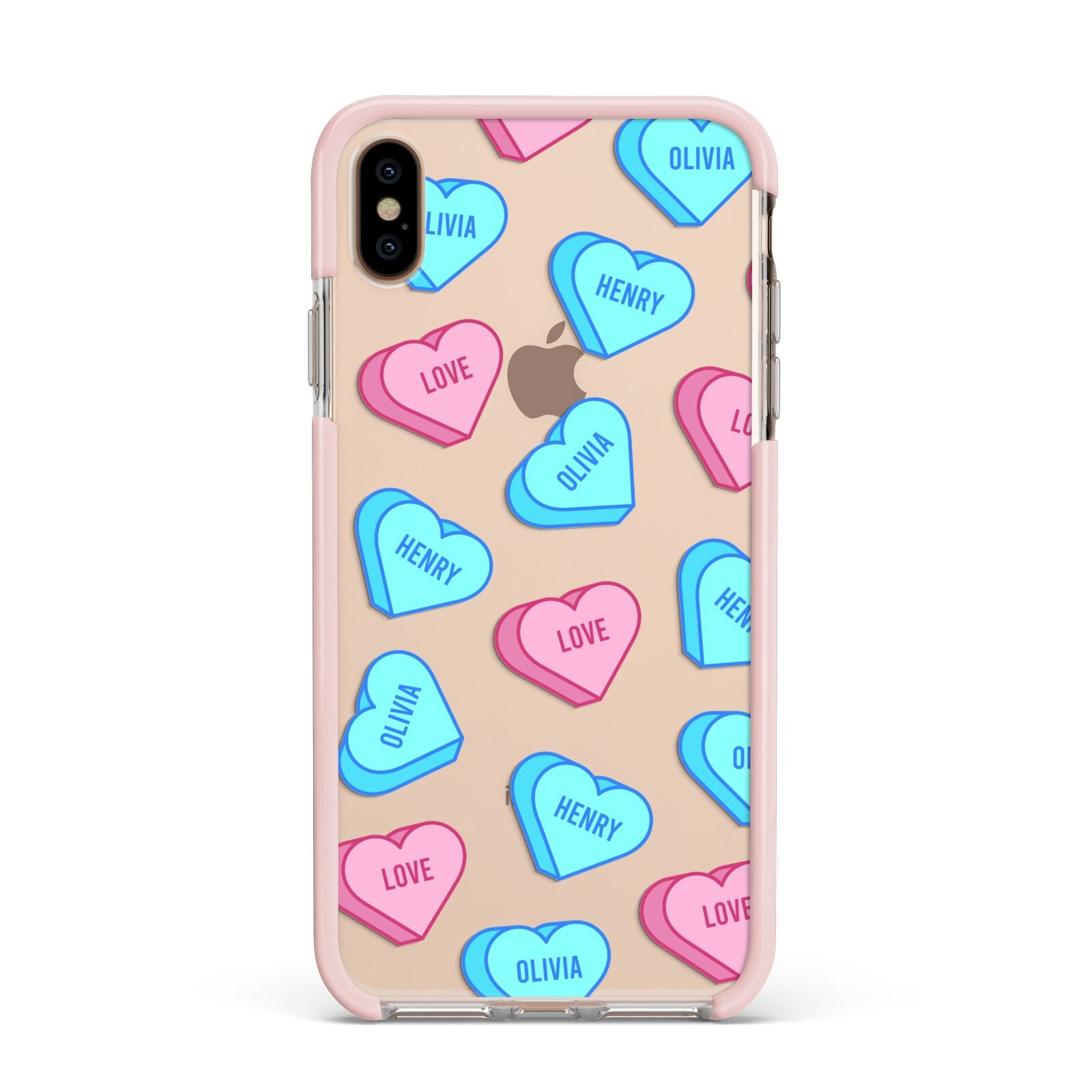 Love Heart Sweets with Names Apple iPhone Xs Max Impact Case Pink Edge on Gold Phone
