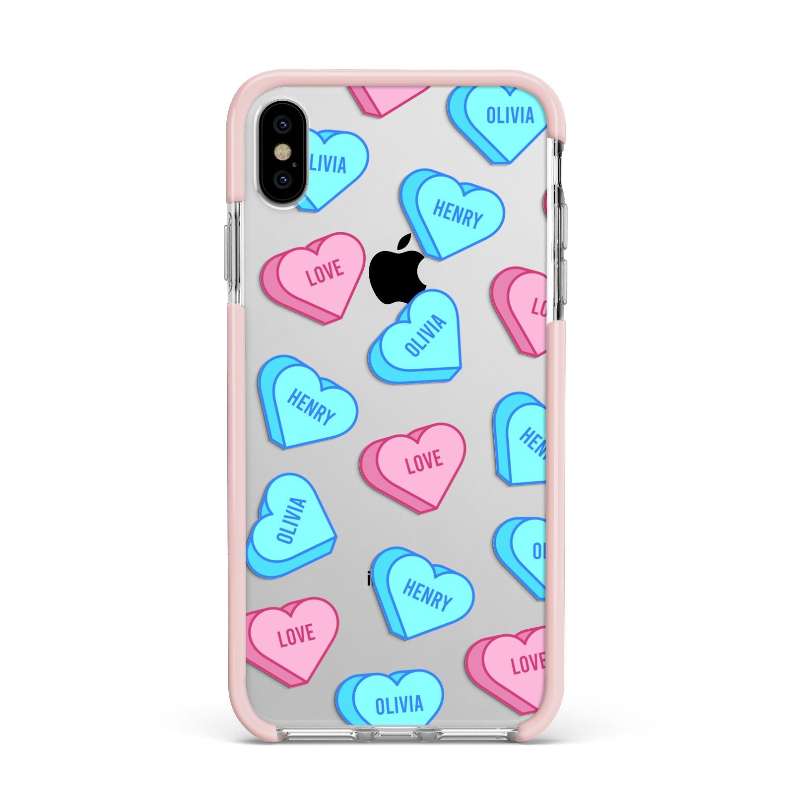 Love Heart Sweets with Names Apple iPhone Xs Max Impact Case Pink Edge on Silver Phone