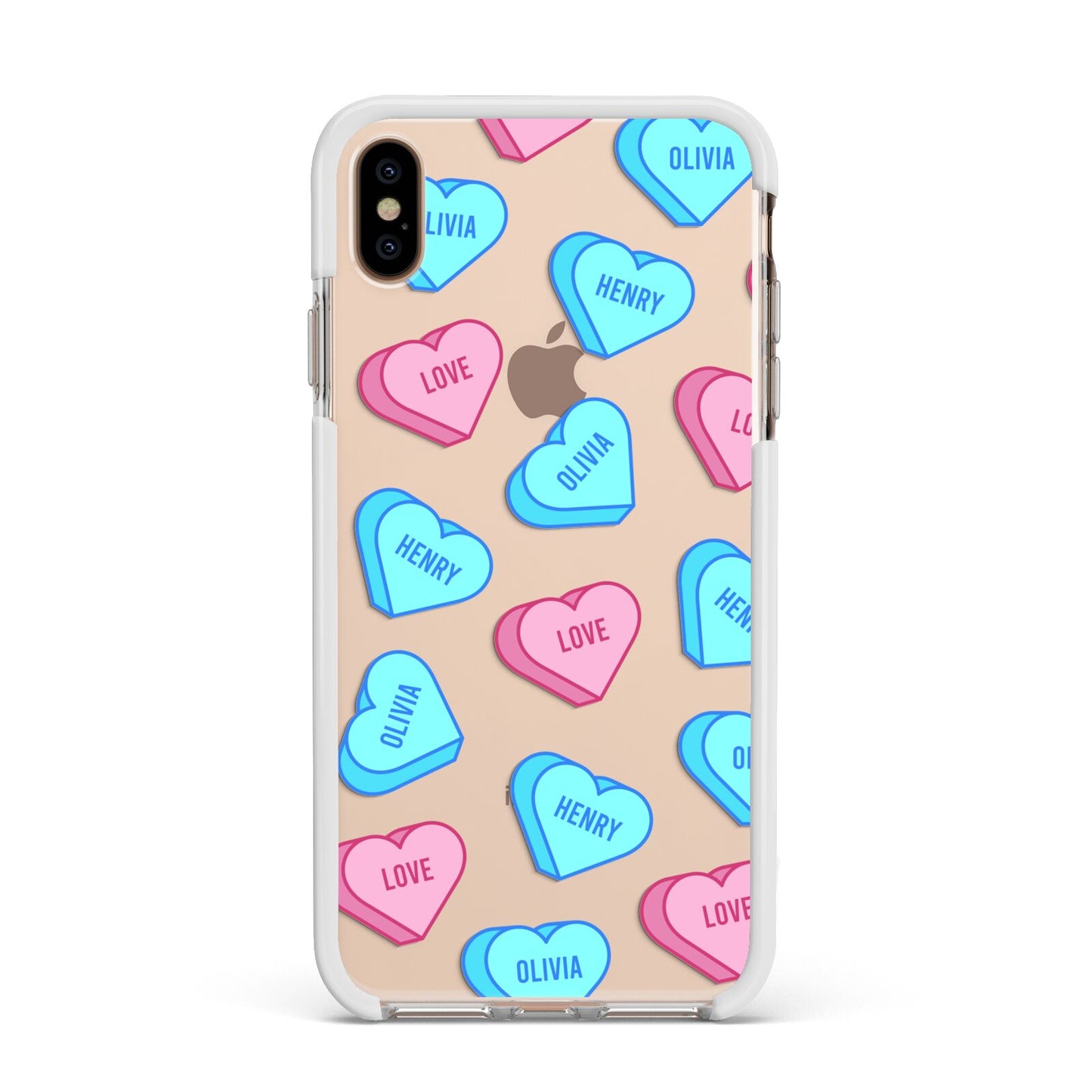 Love Heart Sweets with Names Apple iPhone Xs Max Impact Case White Edge on Gold Phone