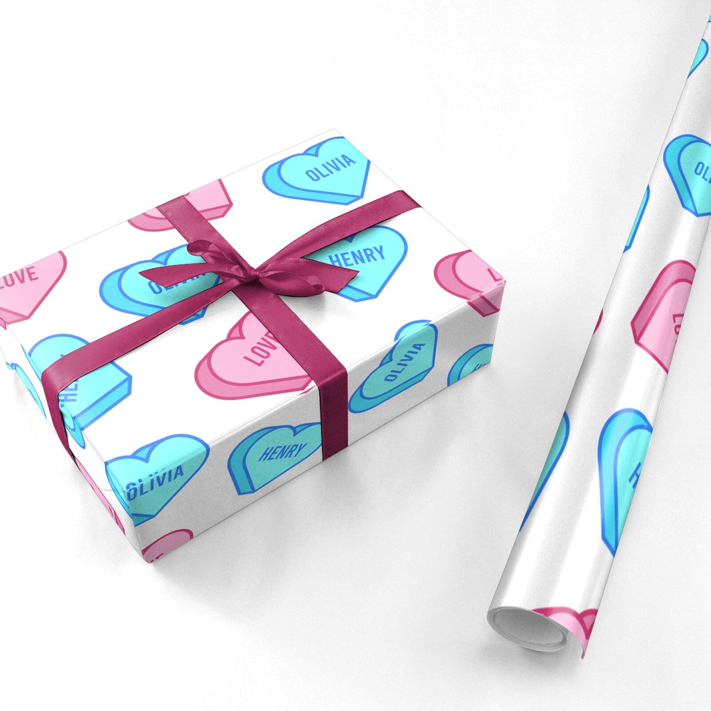 Love Heart Sweets with Names Personalised Wrapping Paper