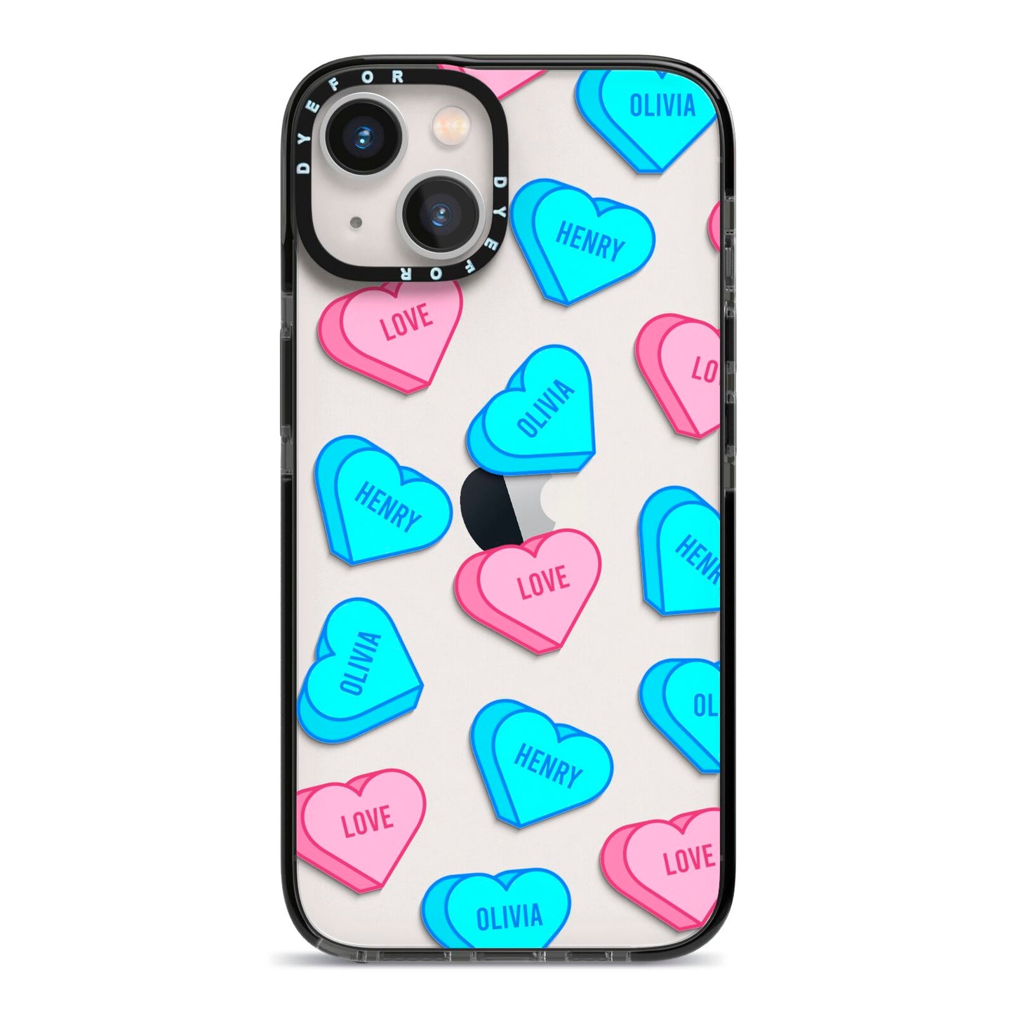 Love Heart Sweets with Names iPhone 13 Black Impact Case on Silver phone