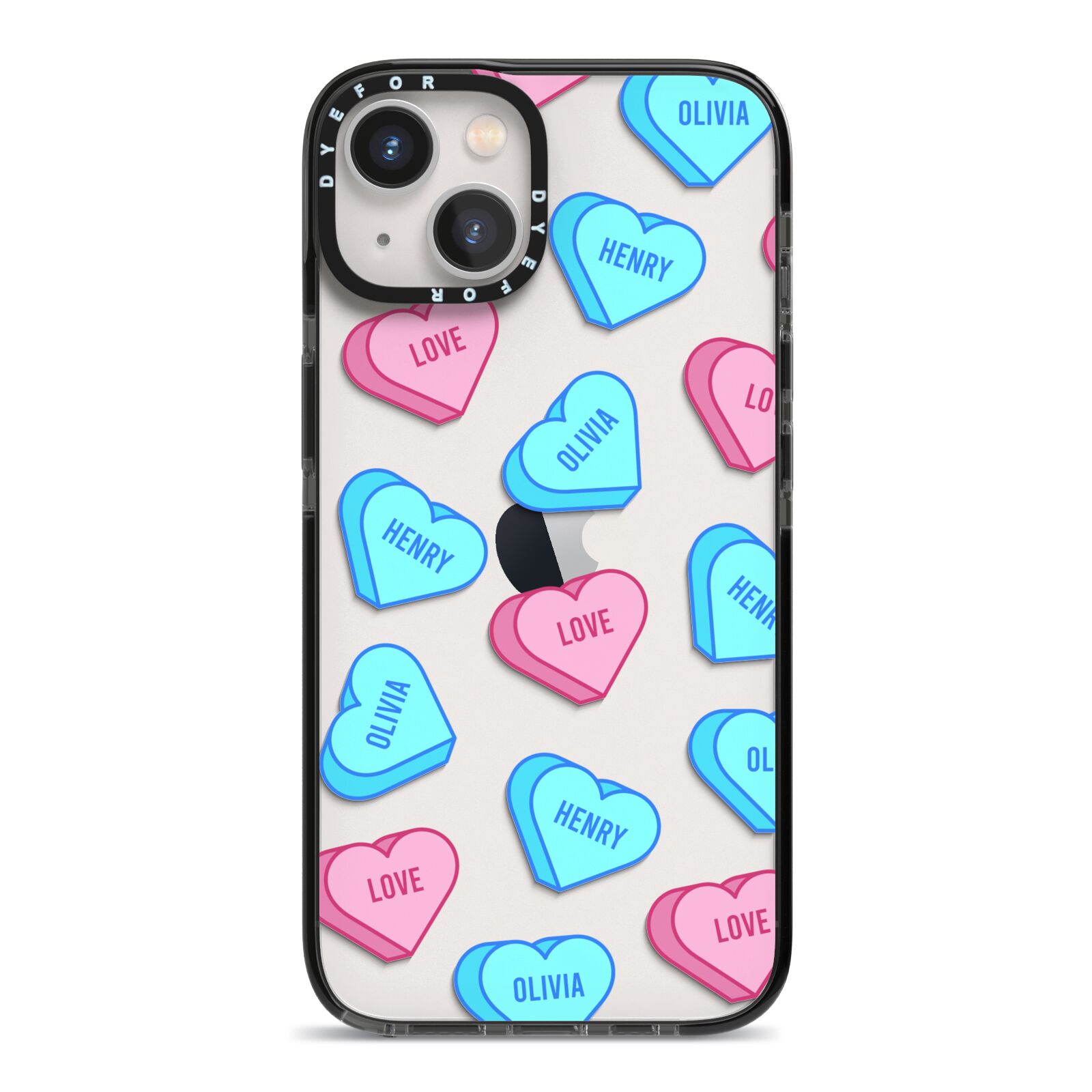 Love Heart Sweets with Names iPhone 13 Black Impact Case on Silver phone