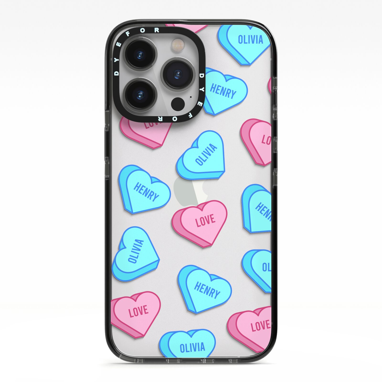 Love Heart Sweets with Names iPhone 13 Pro Black Impact Case on Silver phone