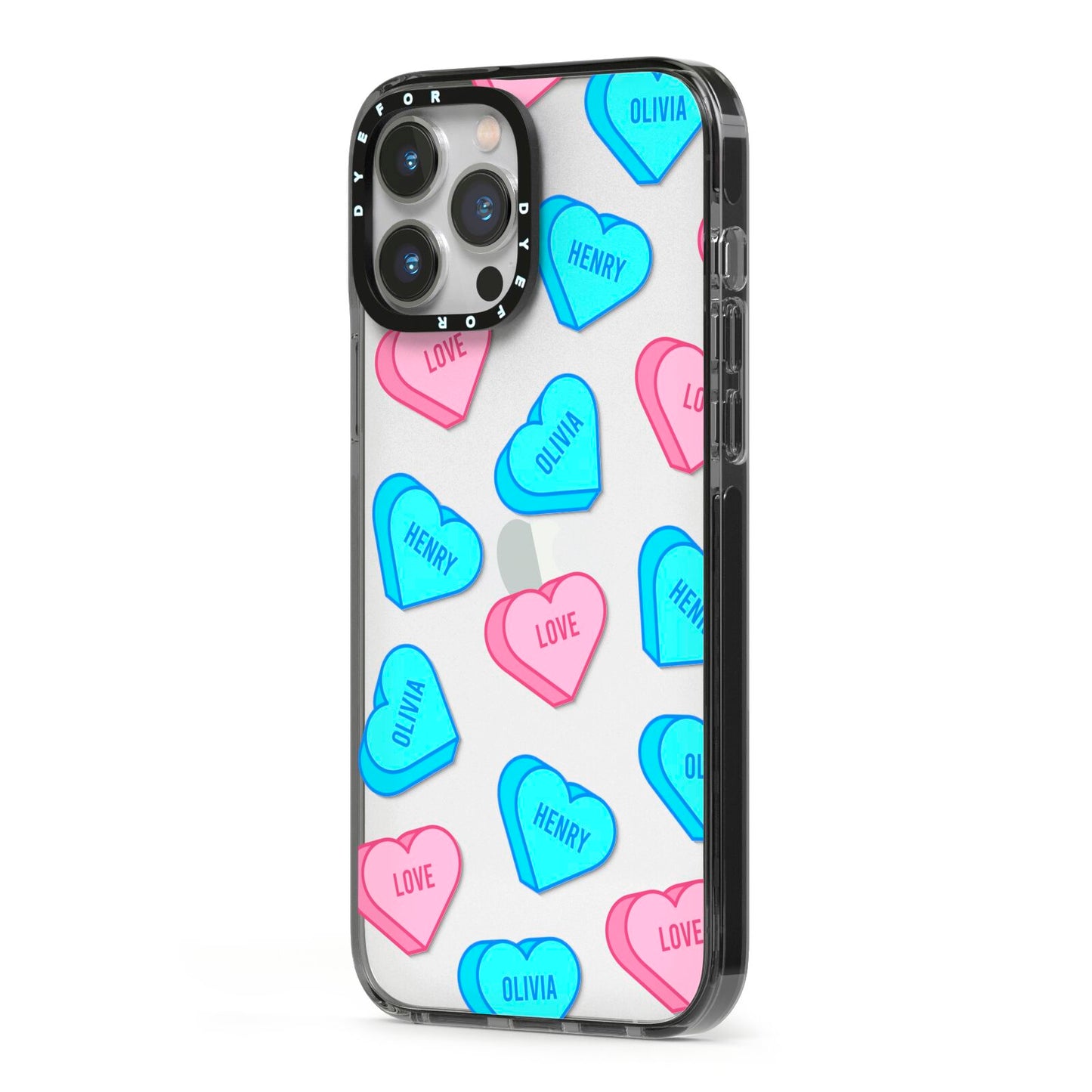 Love Heart Sweets with Names iPhone 13 Pro Max Black Impact Case Side Angle on Silver phone