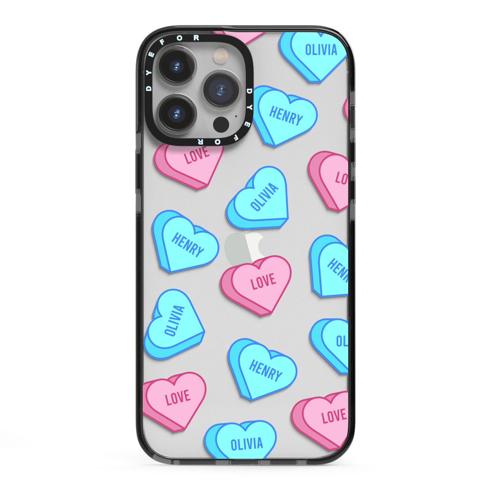 Love Heart Sweets with Names iPhone 13 Pro Max Black Impact Case on Silver phone