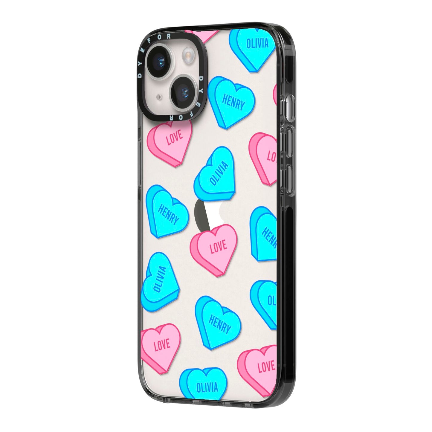 Love Heart Sweets with Names iPhone 14 Black Impact Case Side Angle on Silver phone