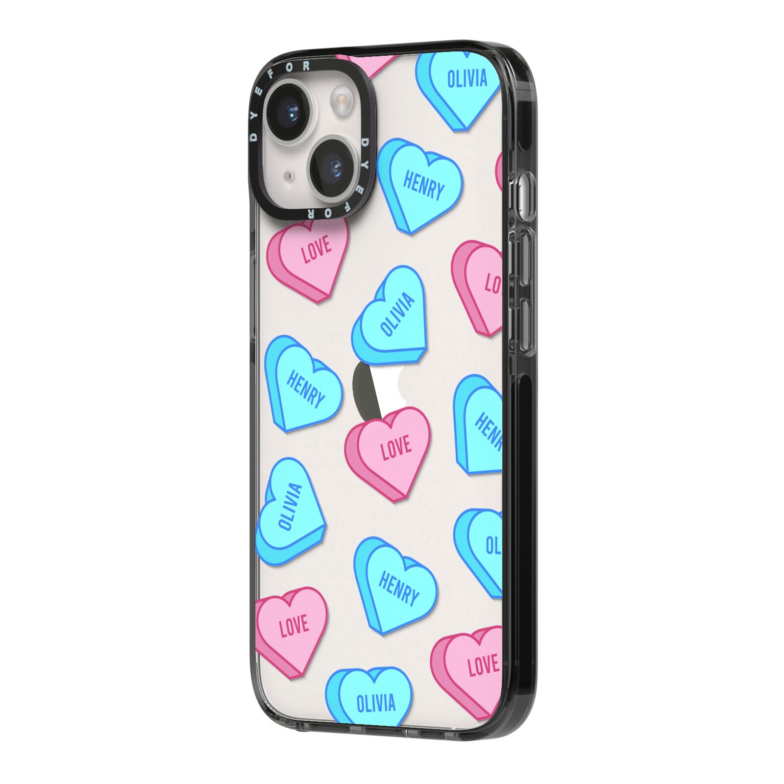 Love Heart Sweets with Names iPhone 14 Black Impact Case Side Angle on Silver phone
