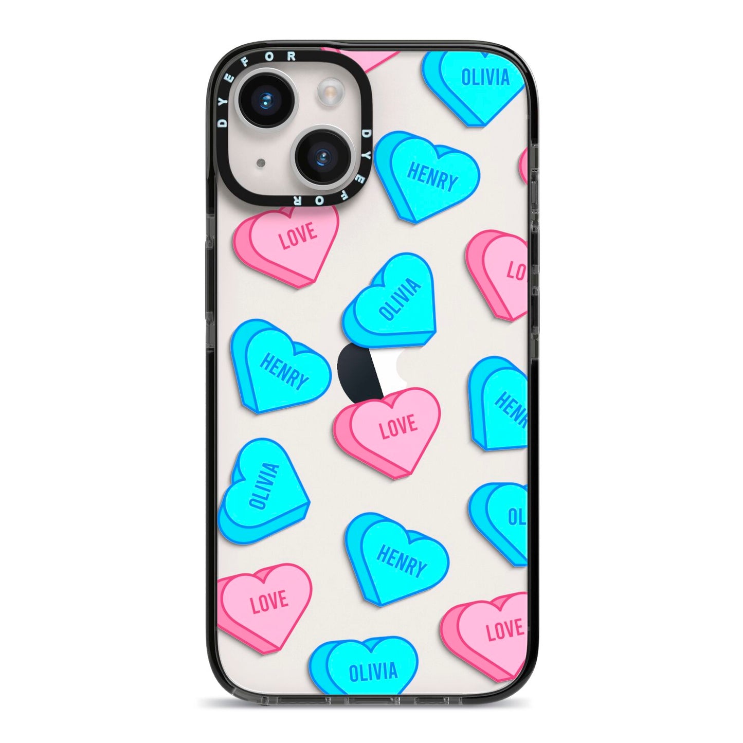 Love Heart Sweets with Names iPhone 14 Black Impact Case on Silver phone