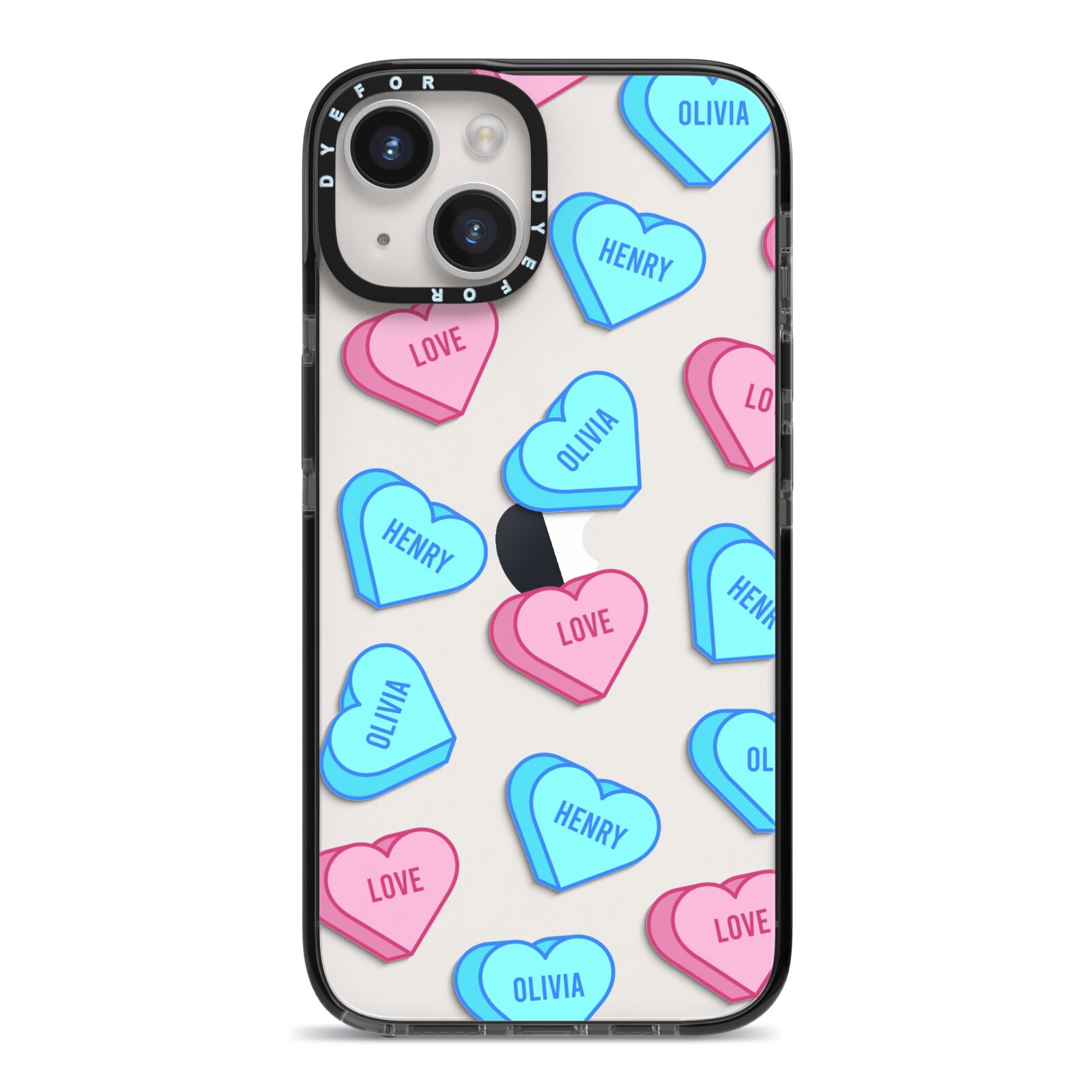 Love Heart Sweets with Names iPhone 14 Black Impact Case on Silver phone
