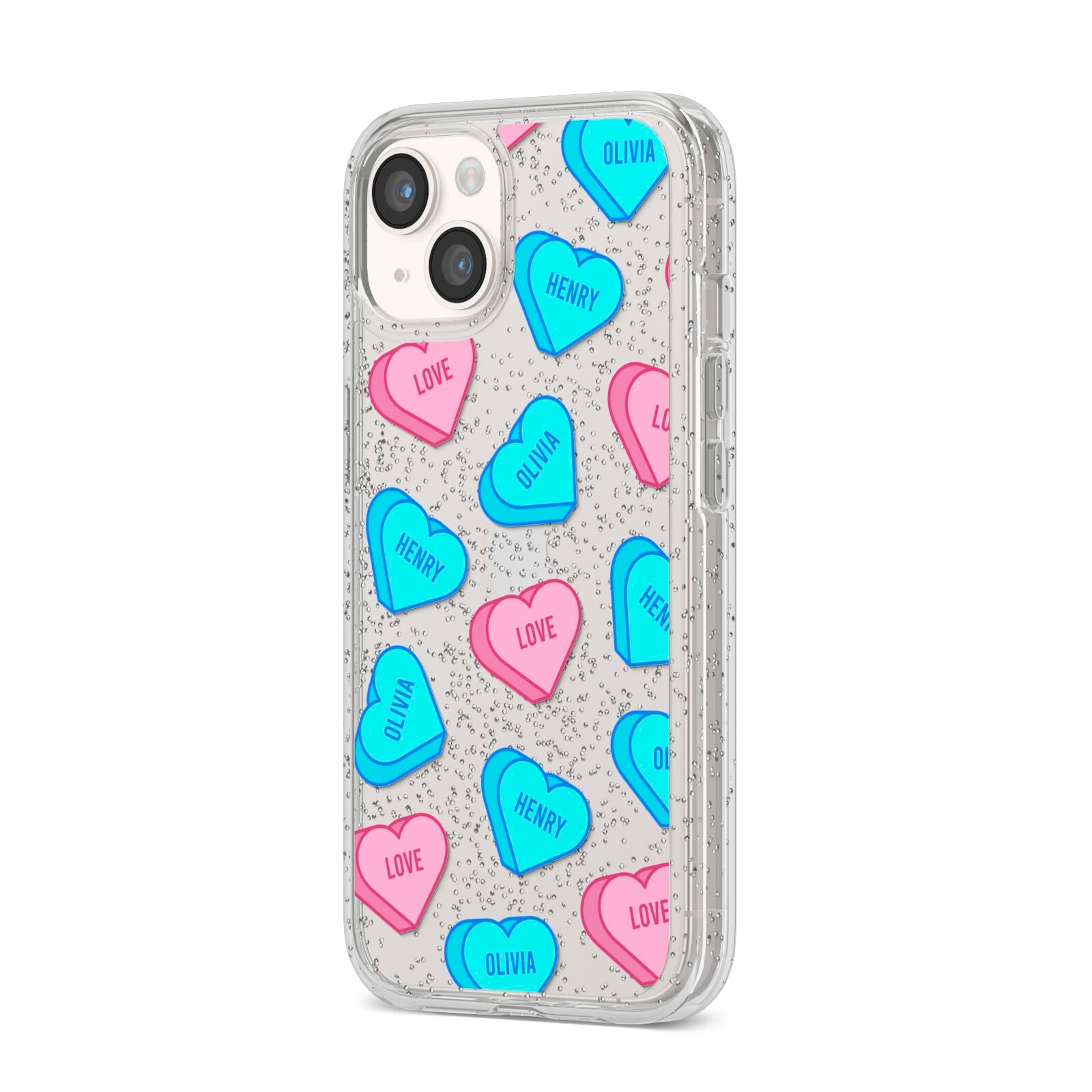 Love Heart Sweets with Names iPhone 14 Glitter Tough Case Starlight Angled Image