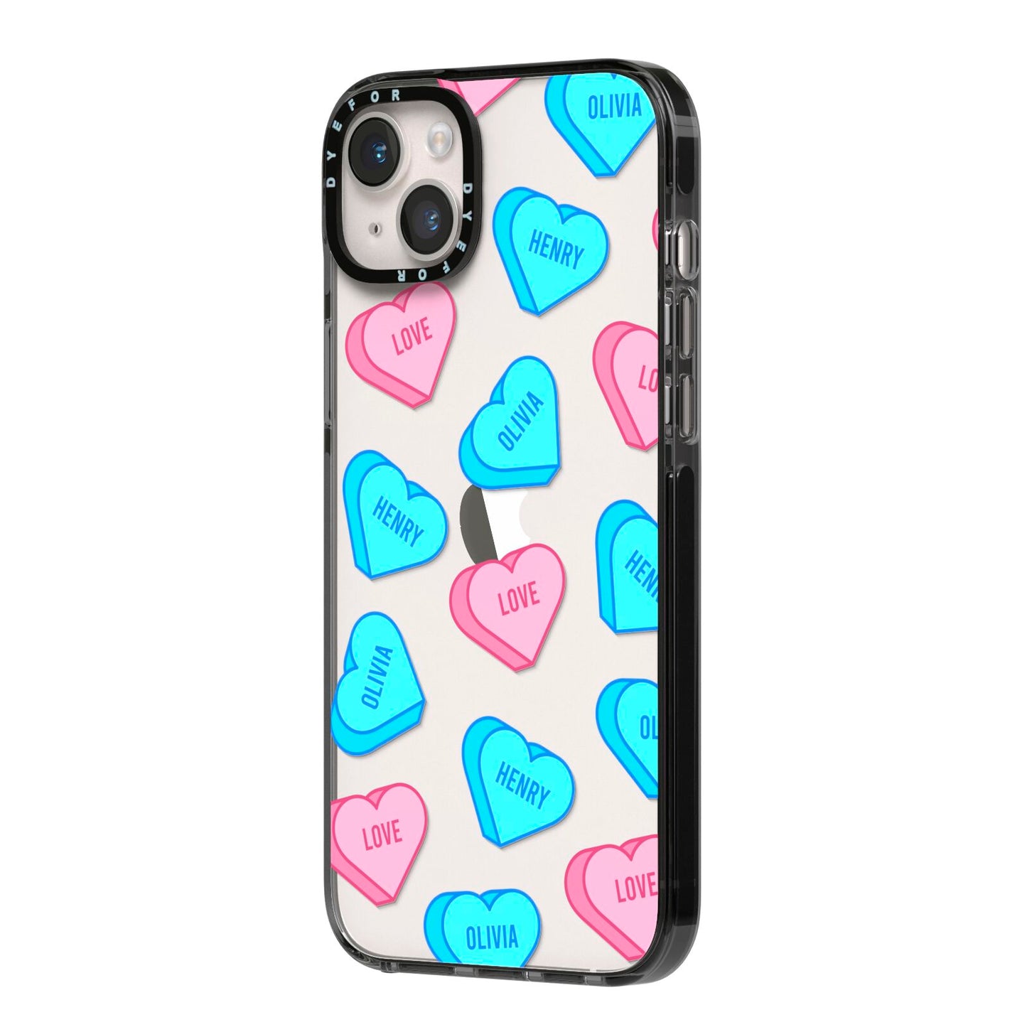 Love Heart Sweets with Names iPhone 14 Plus Black Impact Case Side Angle on Silver phone