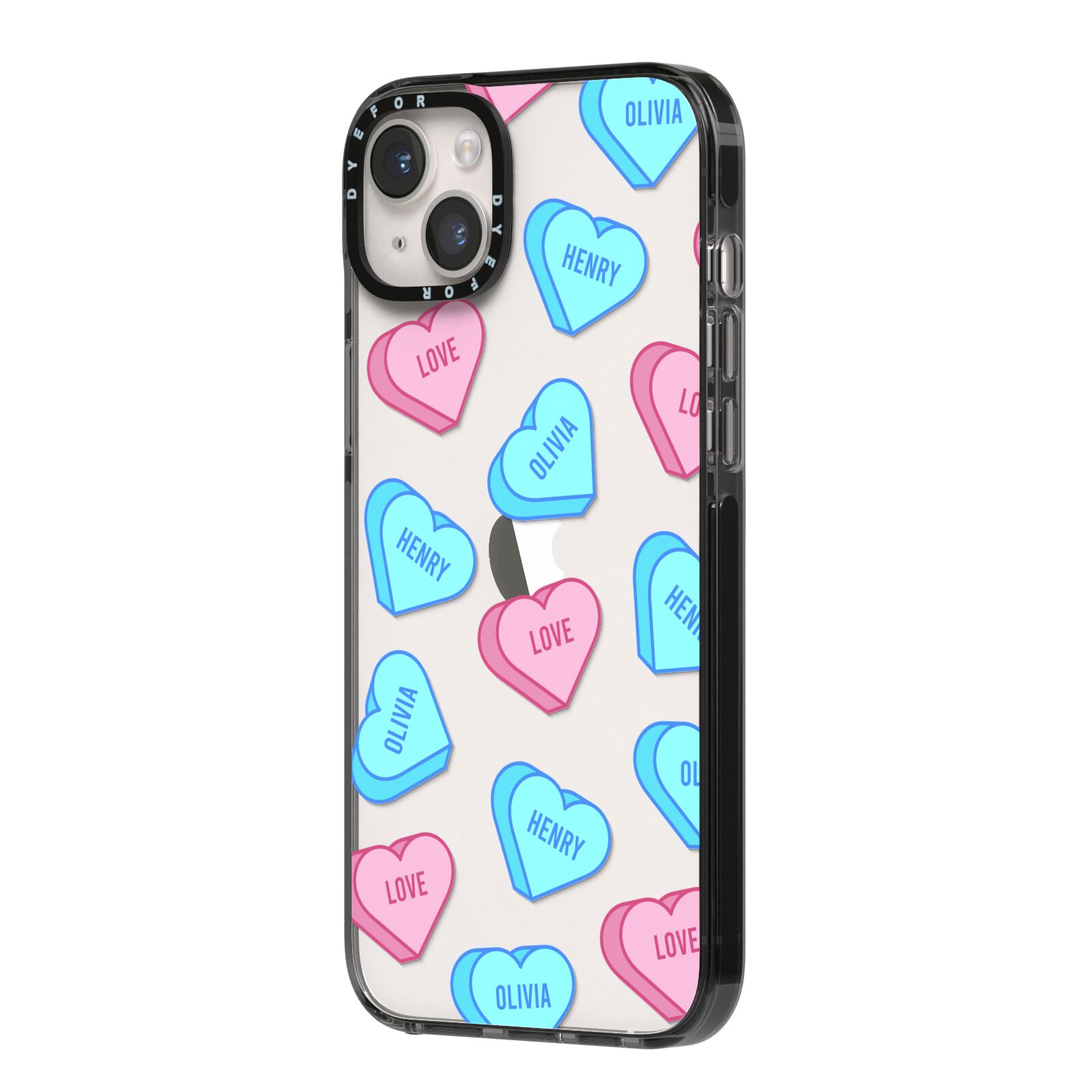 Love Heart Sweets with Names iPhone 14 Plus Black Impact Case Side Angle on Silver phone