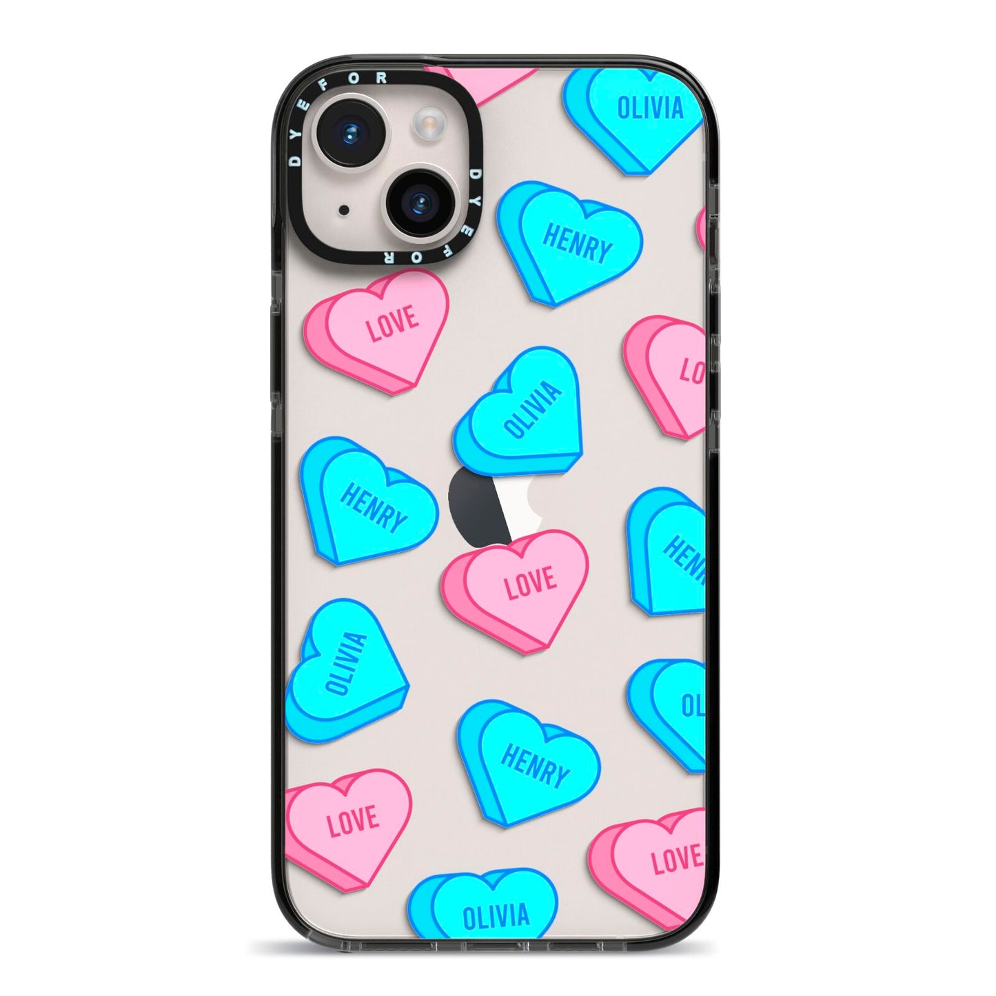 Love Heart Sweets with Names iPhone 14 Plus Black Impact Case on Silver phone