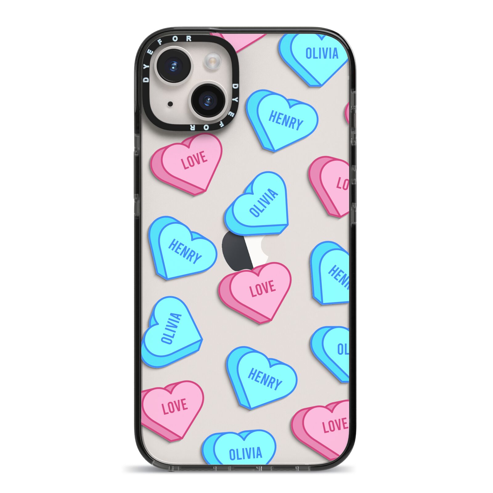 Love Heart Sweets with Names iPhone 14 Plus Black Impact Case on Silver phone