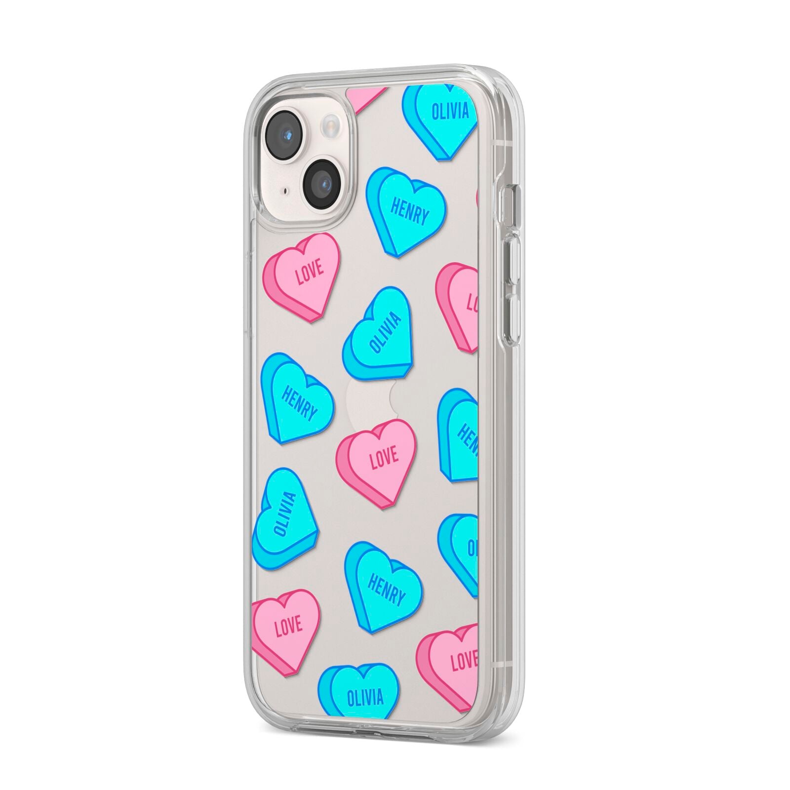 Love Heart Sweets with Names iPhone 14 Plus Clear Tough Case Starlight Angled Image