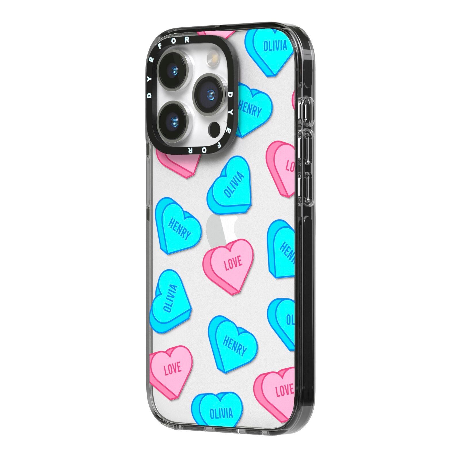 Love Heart Sweets with Names iPhone 14 Pro Black Impact Case Side Angle on Silver phone