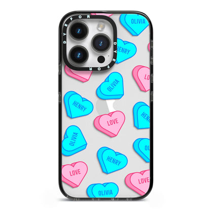 Love Heart Sweets with Names iPhone 14 Pro Black Impact Case on Silver phone