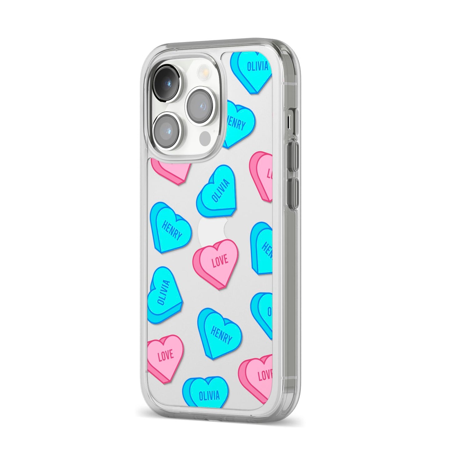 Love Heart Sweets with Names iPhone 14 Pro Clear Tough Case Silver Angled Image