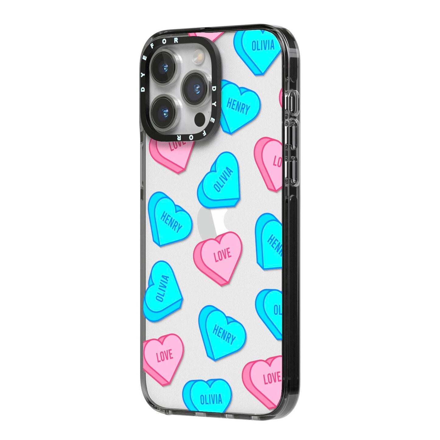 Love Heart Sweets with Names iPhone 14 Pro Max Black Impact Case Side Angle on Silver phone
