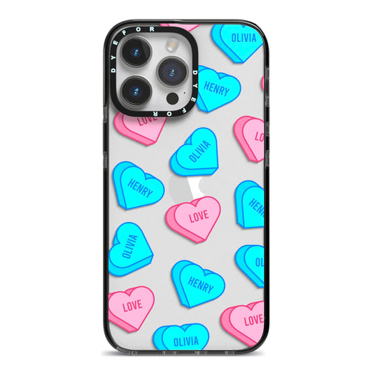 Love Heart Sweets with Names iPhone 14 Pro Max Black Impact Case on Silver phone