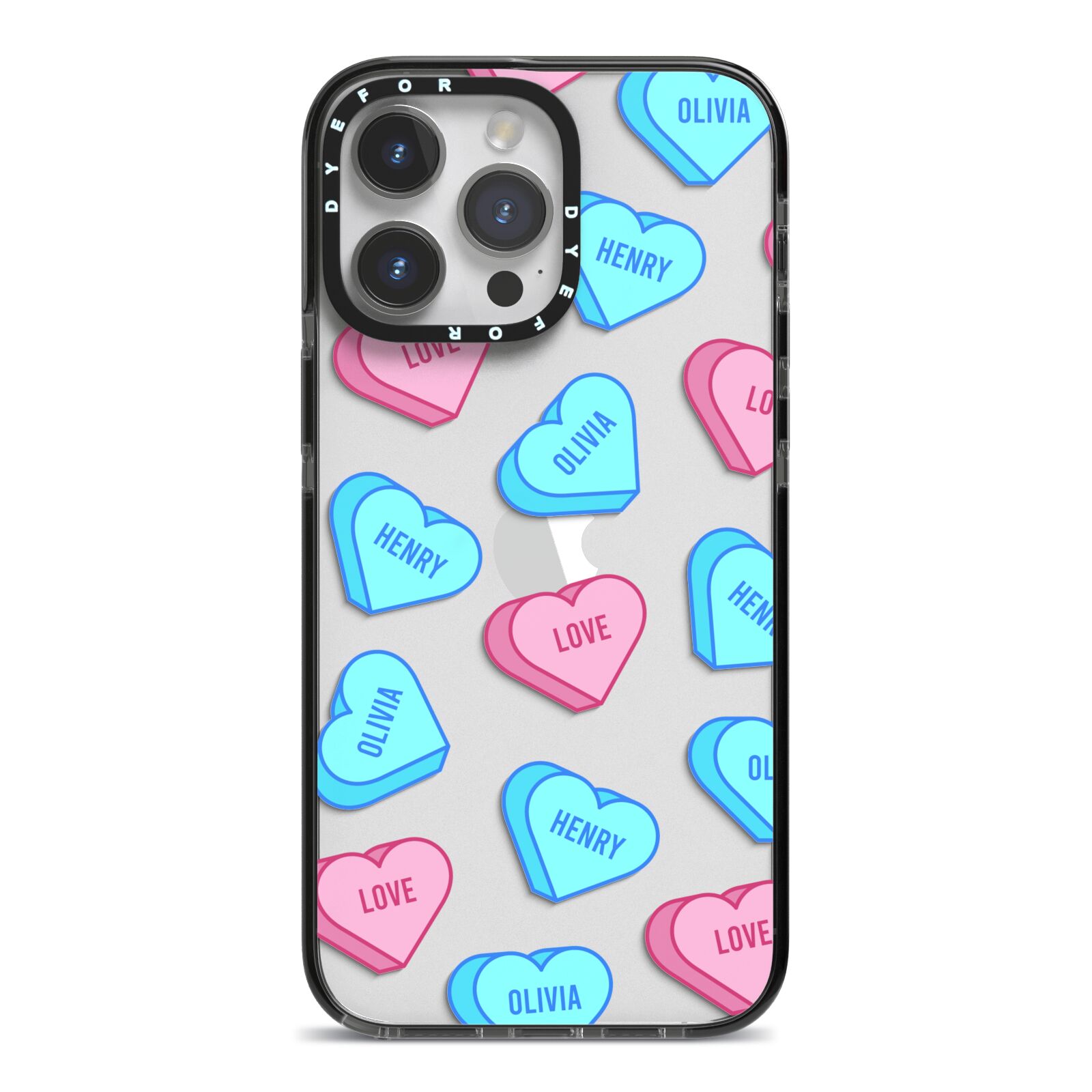Love Heart Sweets with Names iPhone 14 Pro Max Black Impact Case on Silver phone